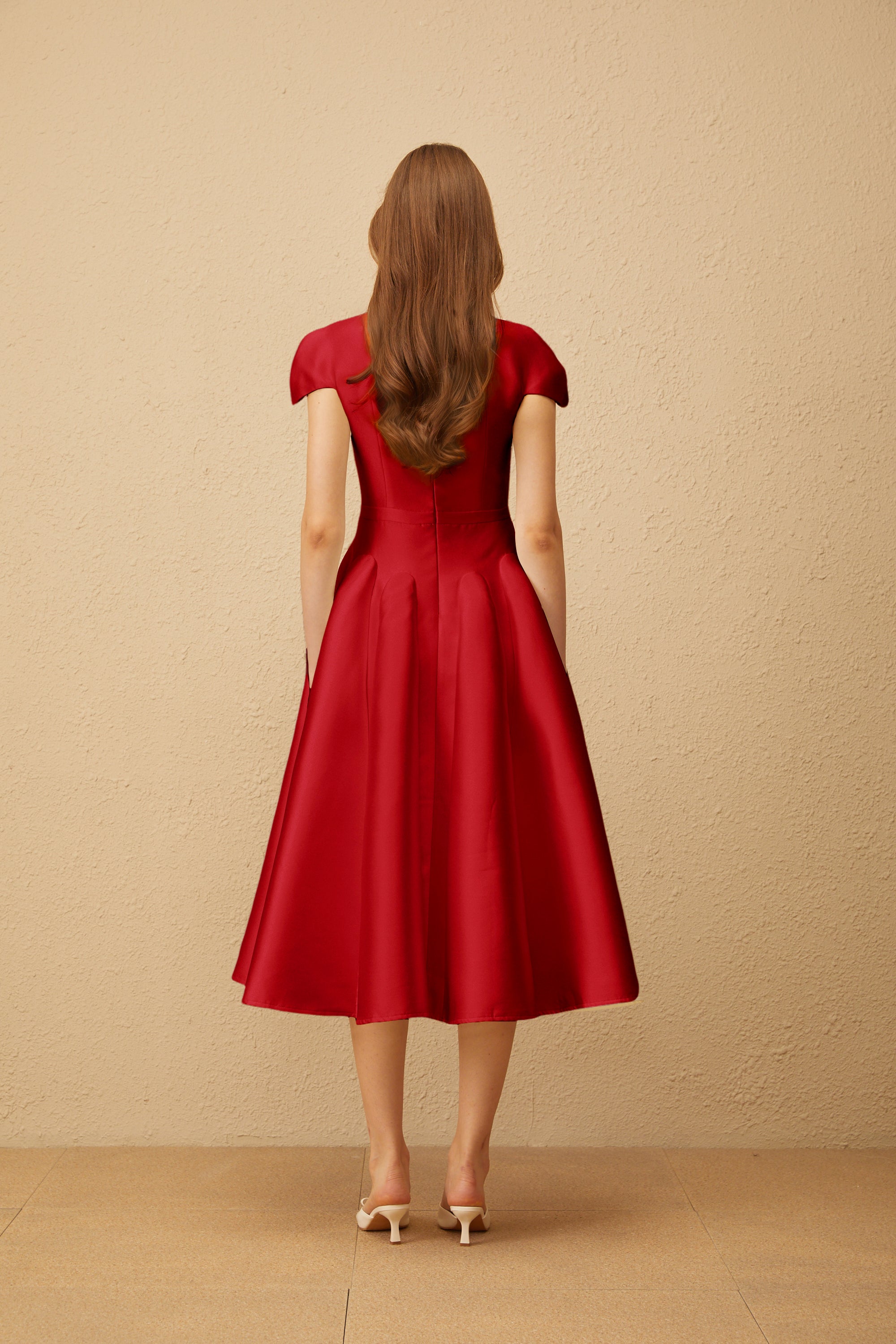Aventin Red Godet Design Midi Dress