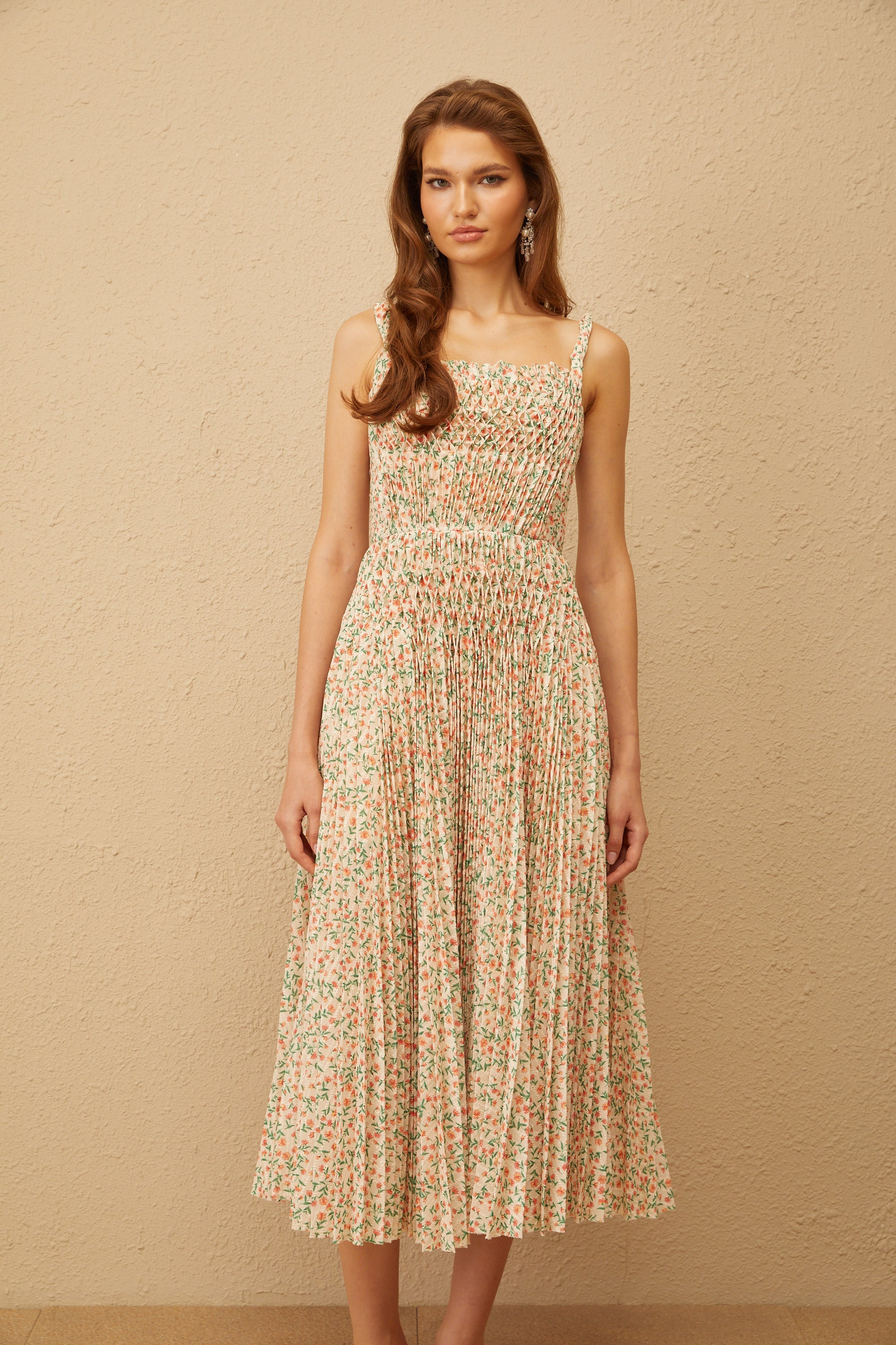 Marion Neutral Floral Print Pleated Midi Dress