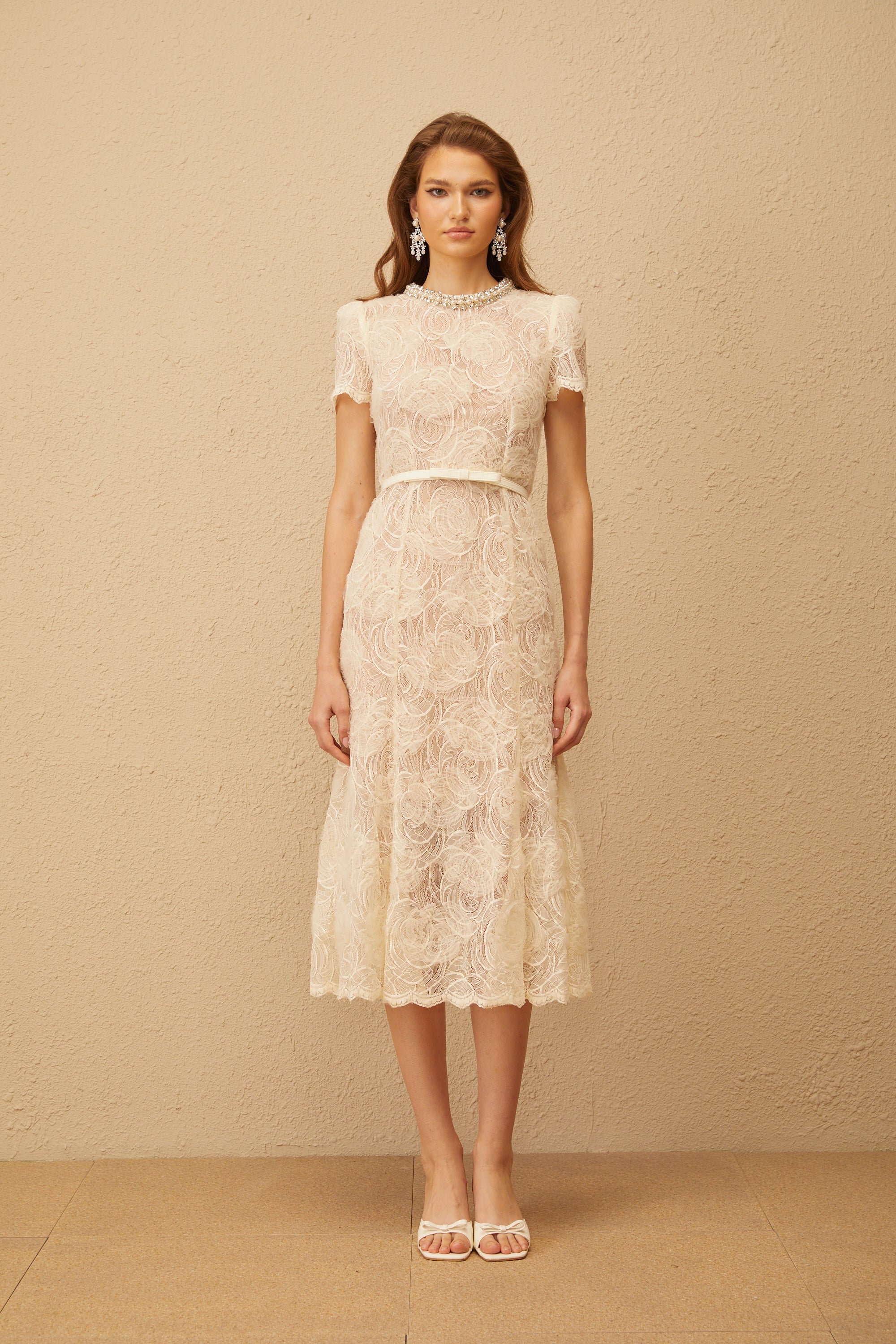 Félicie White Embellished Floral Lace Midi Dress (Final Sale-US Only)