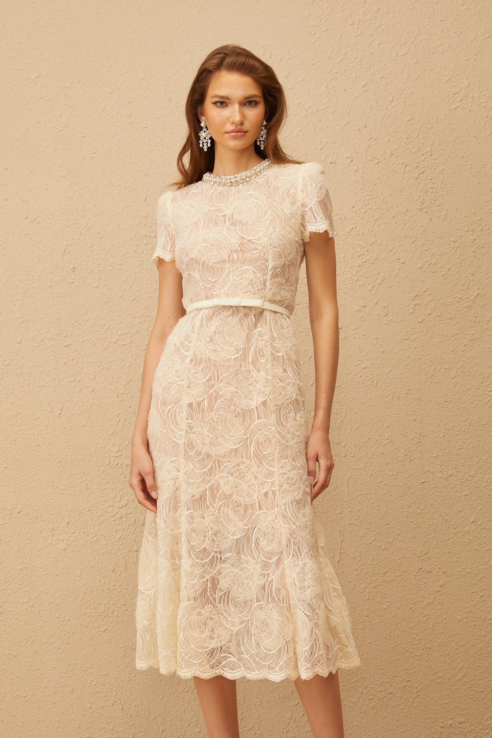 Félicie White Embellished Floral Lace Midi Dress (Final Sale-US Only)