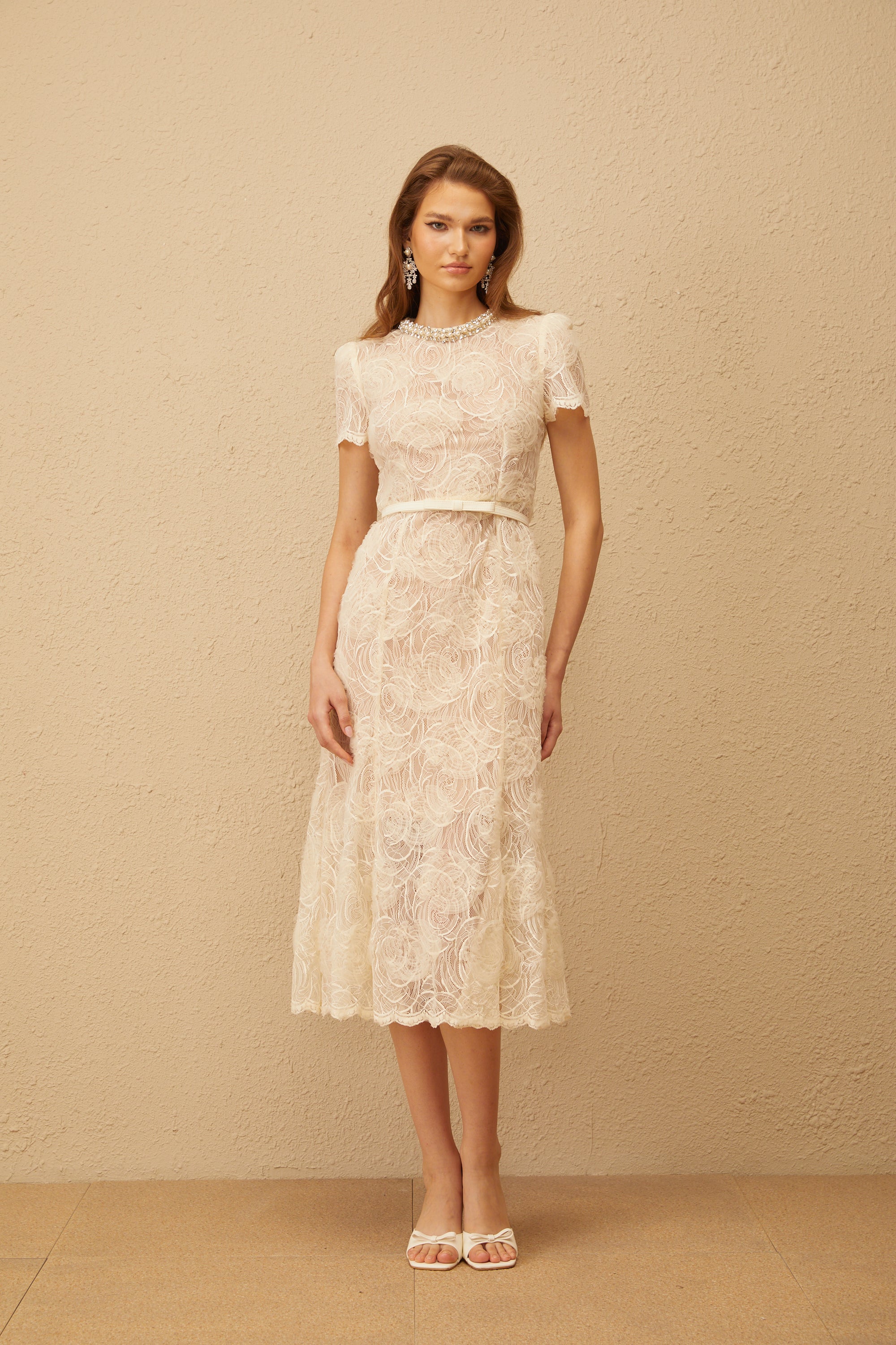 Félicie White Embellished Floral Lace Midi Dress (Final Sale-US Only)