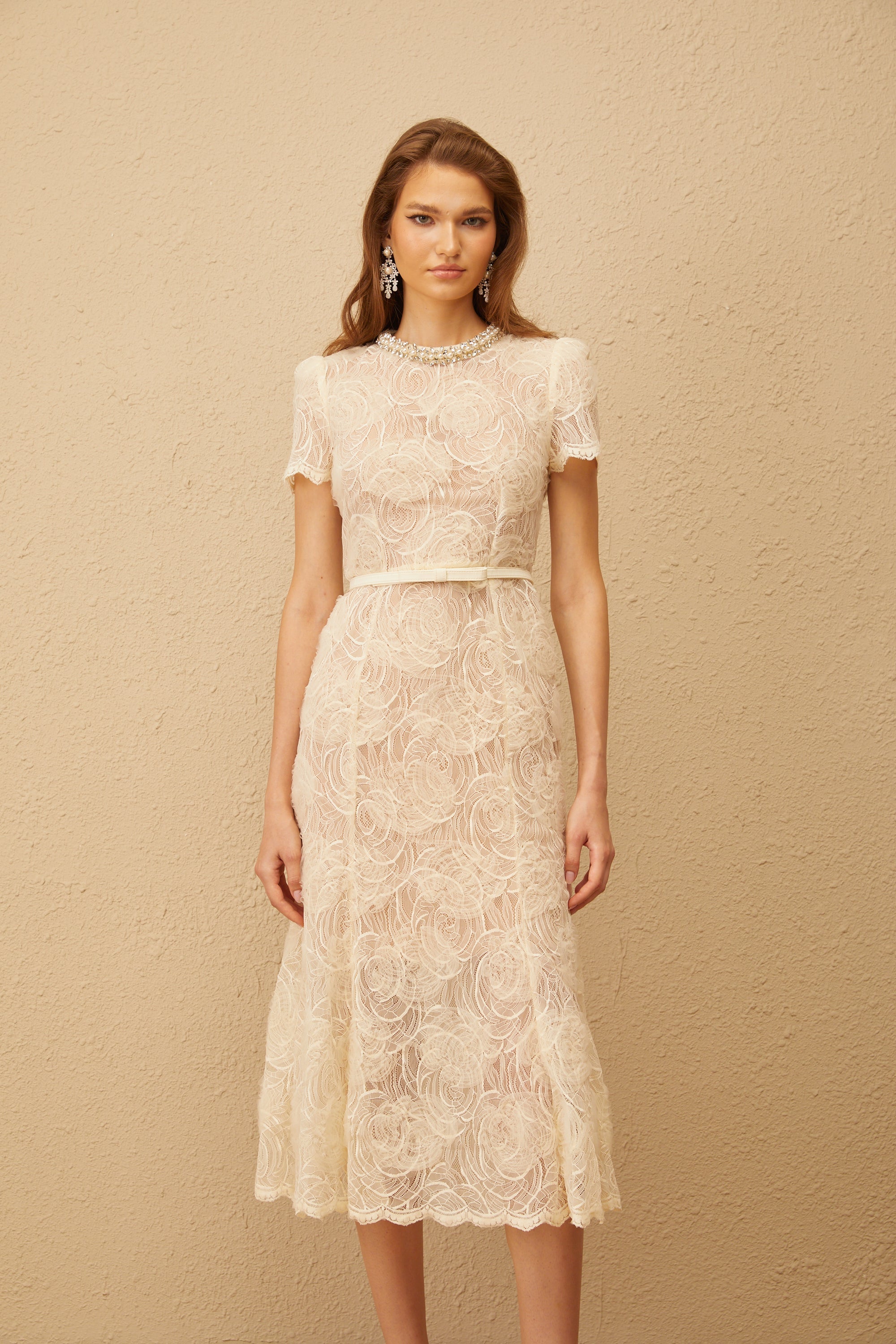 Félicie White Embellished Floral Lace Midi Dress (Final Sale-US Only)