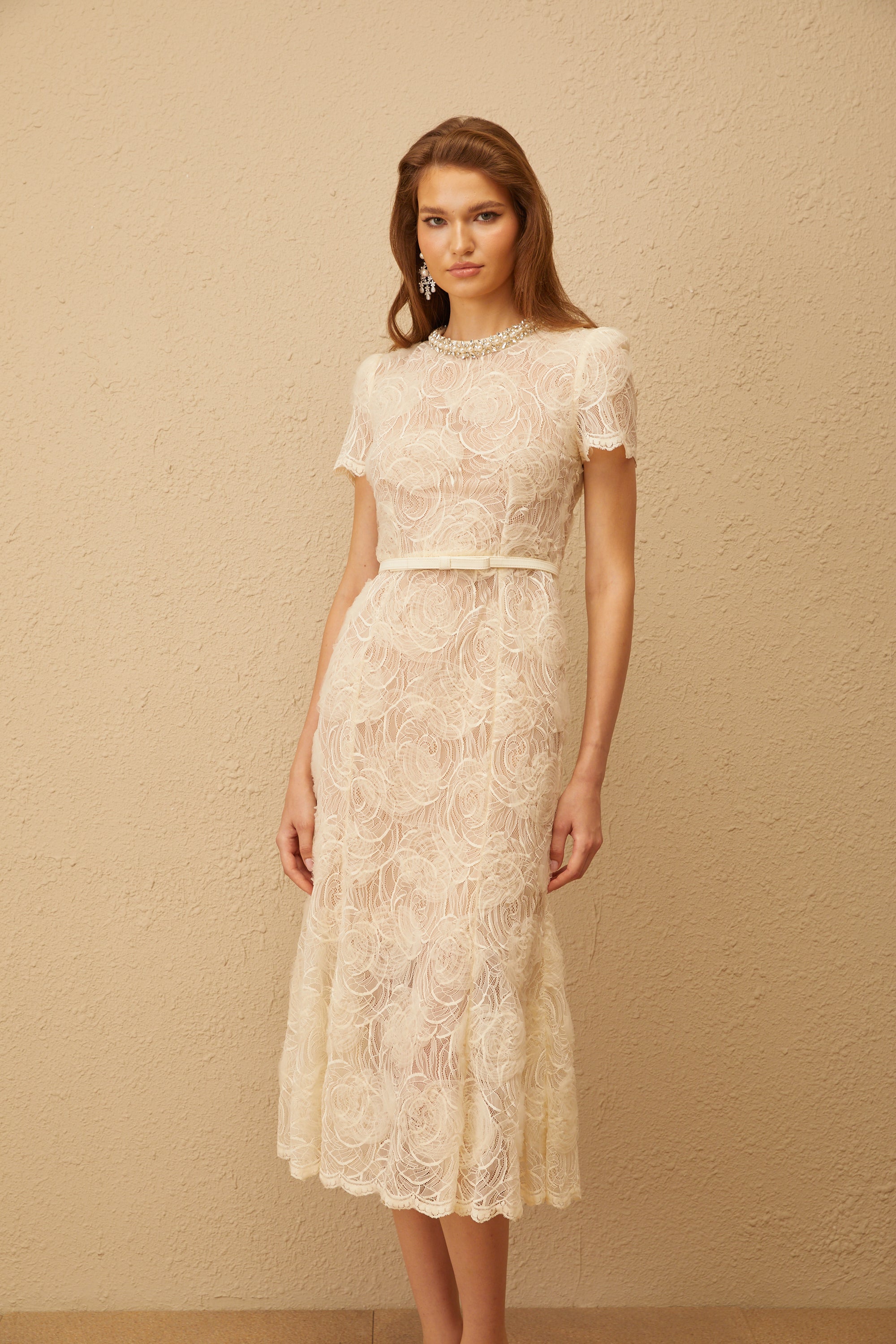 Félicie White Embellished Floral Lace Midi Dress (Final Sale-US Only)