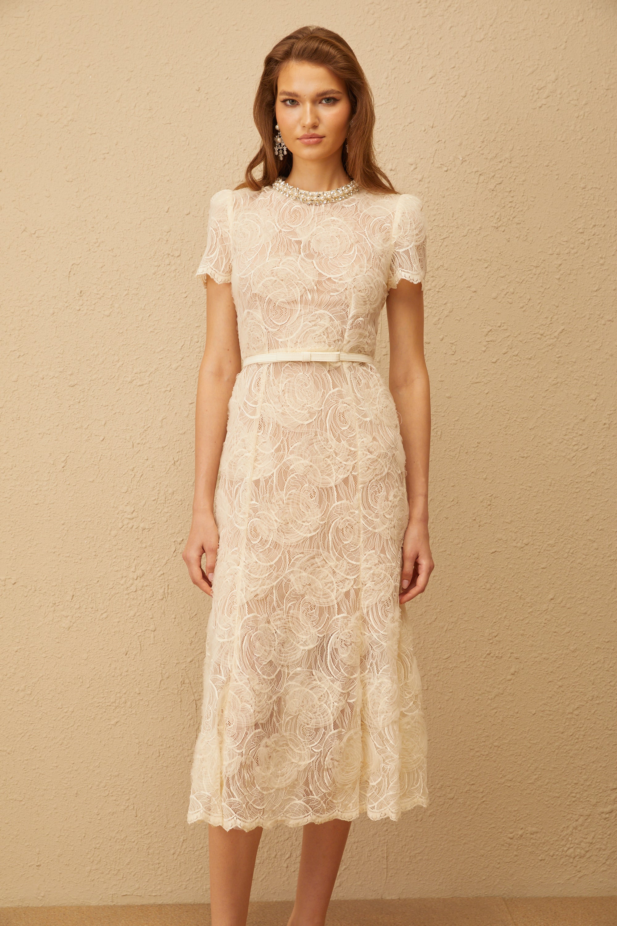 Félicie White Embellished Floral Lace Midi Dress (Final Sale-US Only)