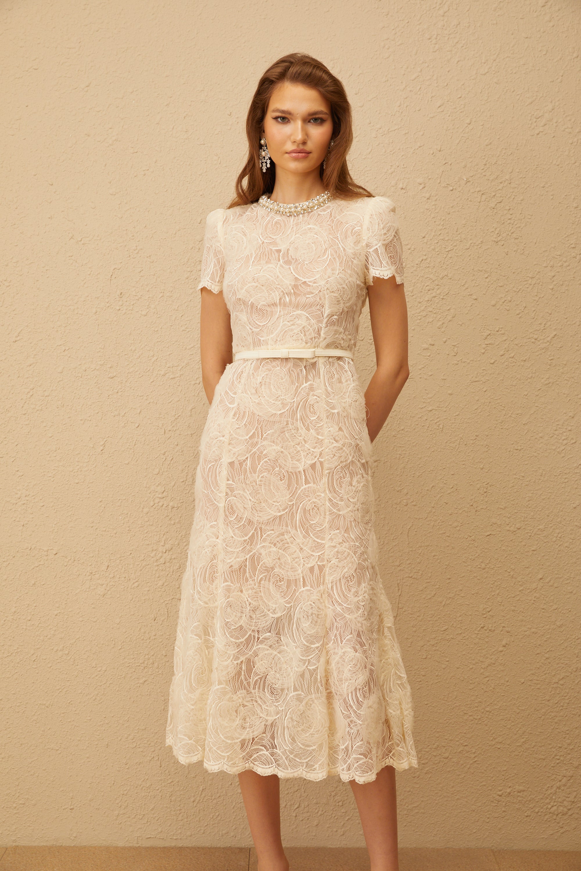 Félicie White Embellished Floral Lace Midi Dress (Final Sale-US Only)
