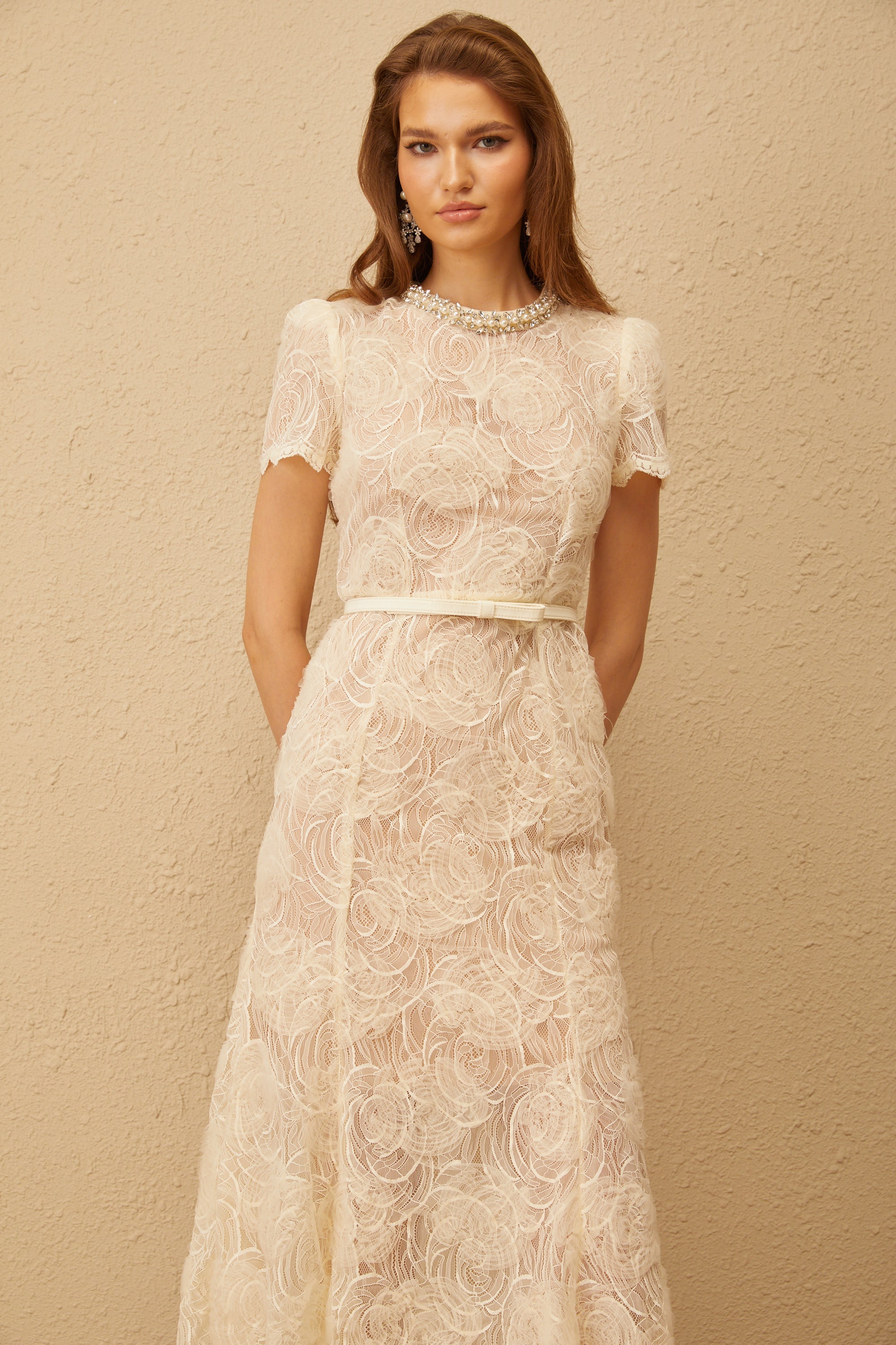 Félicie White Embellished Floral Lace Midi Dress (Final Sale-US Only)