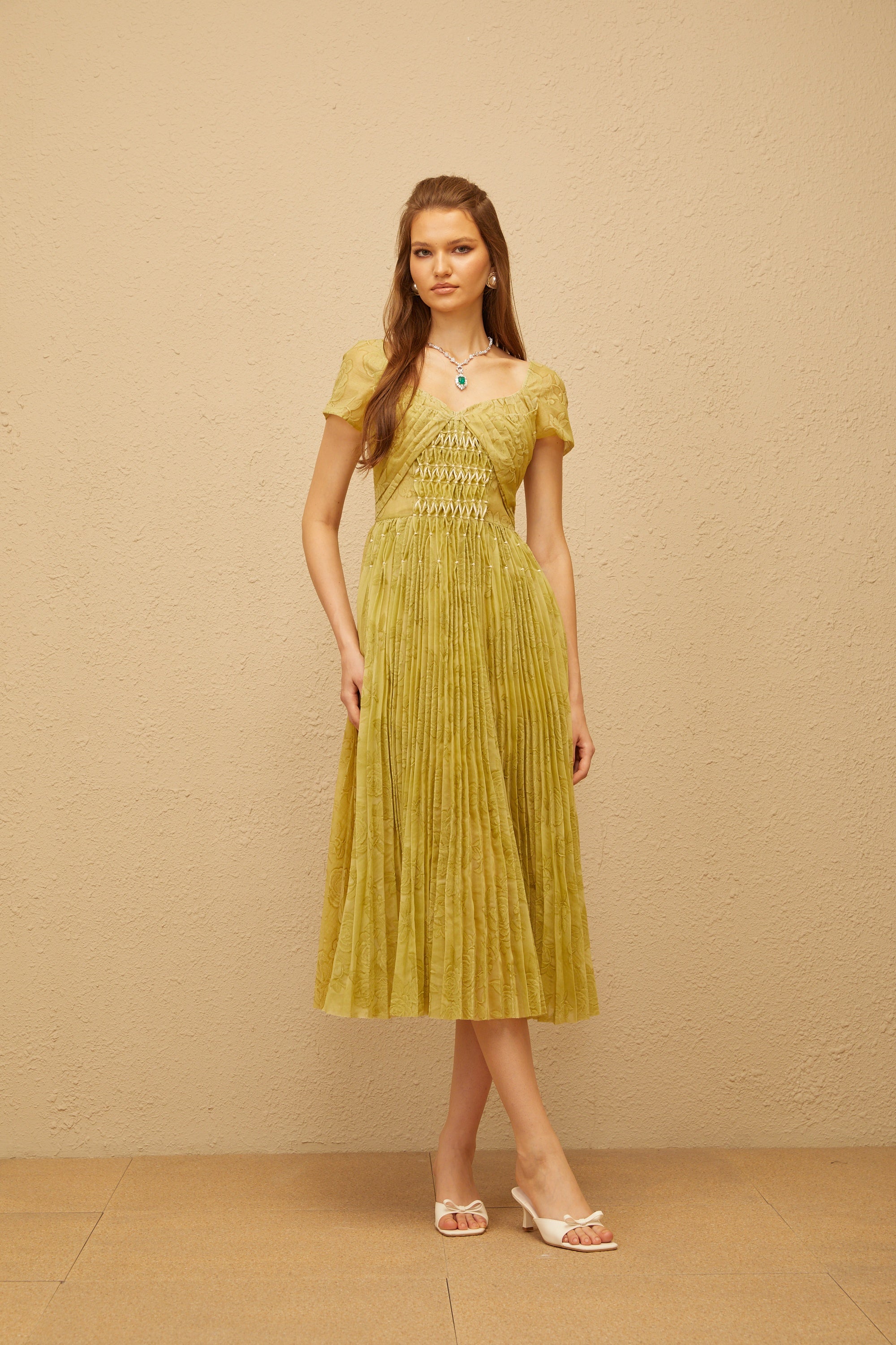 Capucine Green Floral Jacquard Pleated Midi Dress
