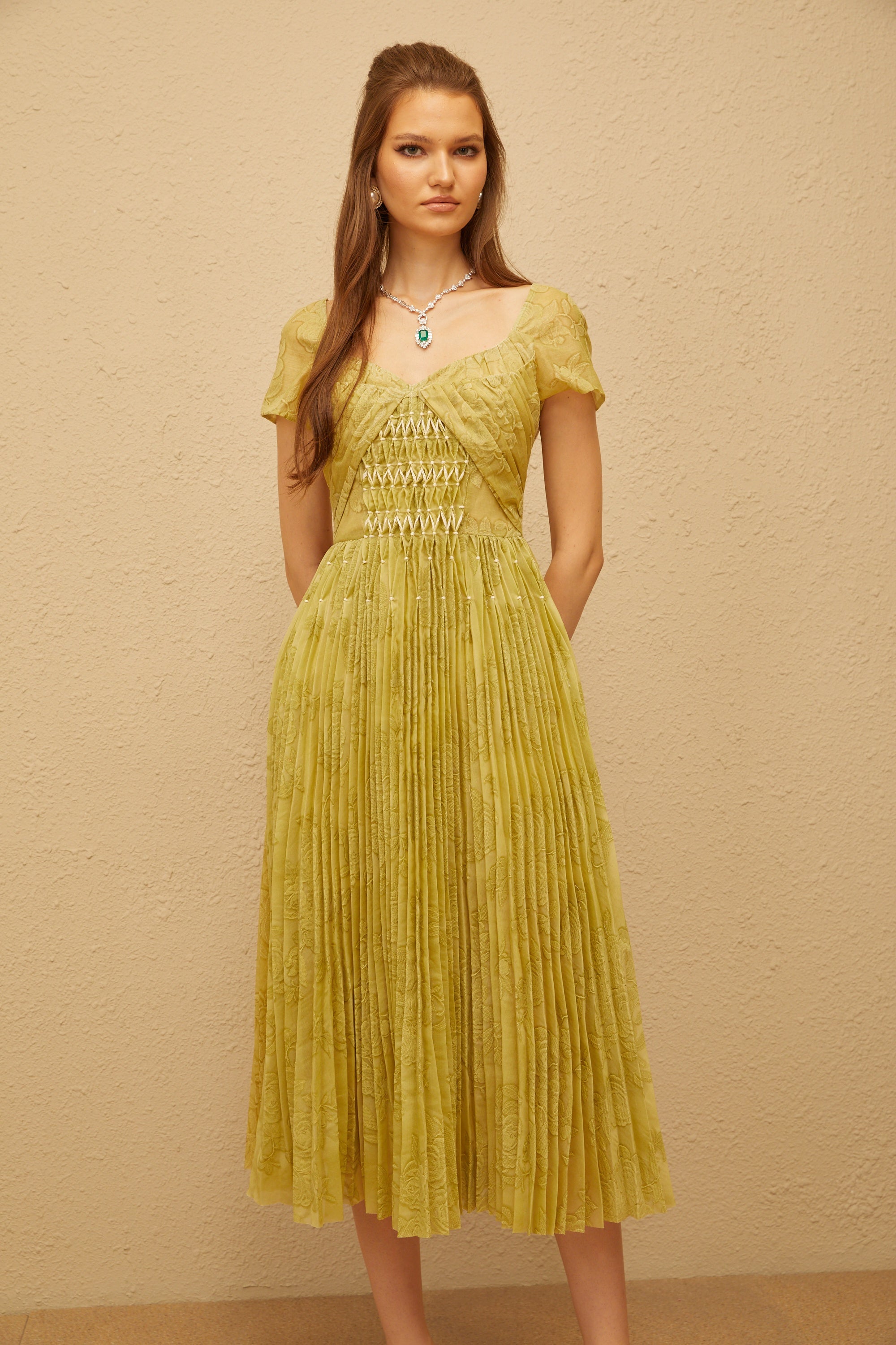 Capucine Green Floral Jacquard Pleated Midi Dress