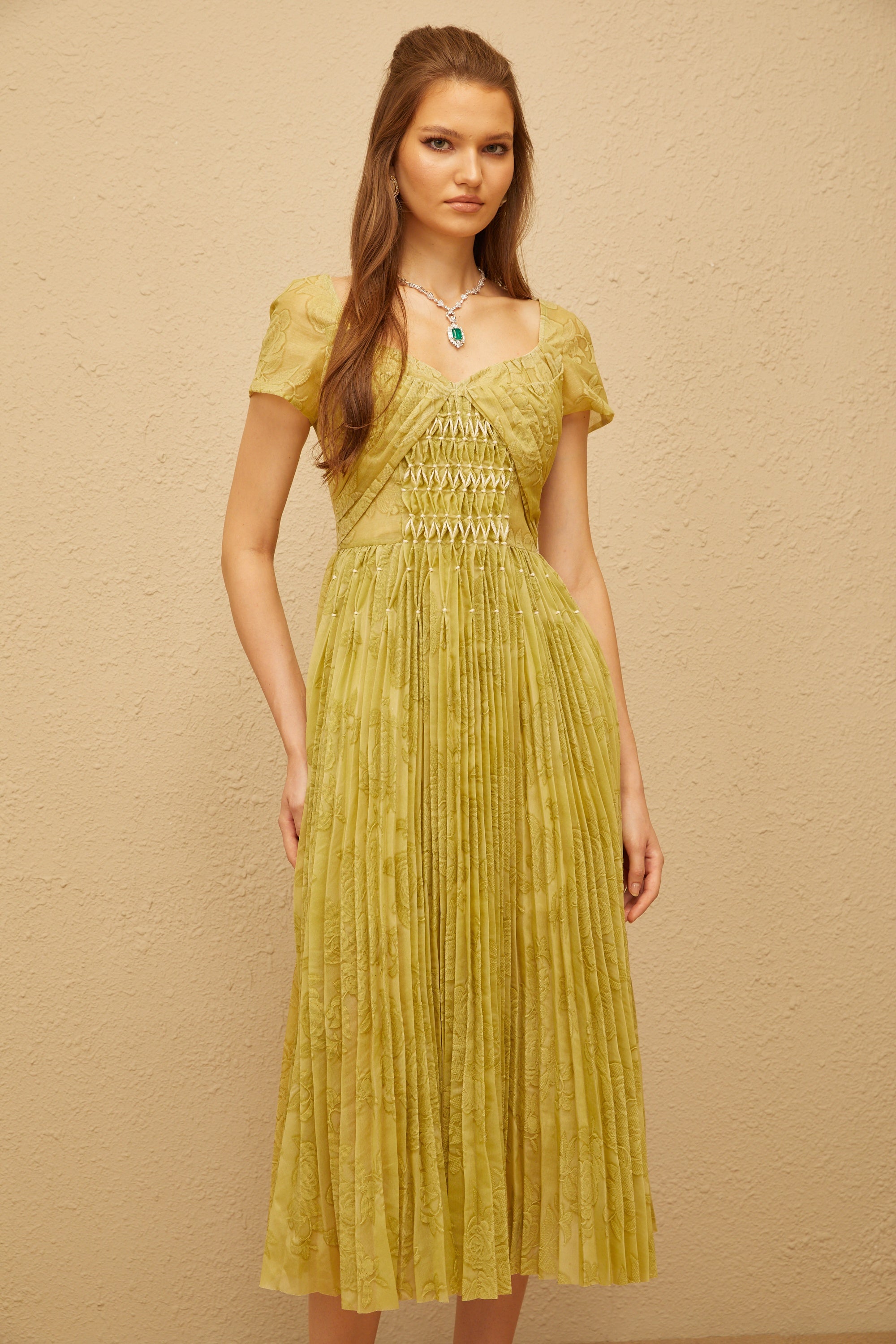 Capucine Green Floral Jacquard Pleated Midi Dress