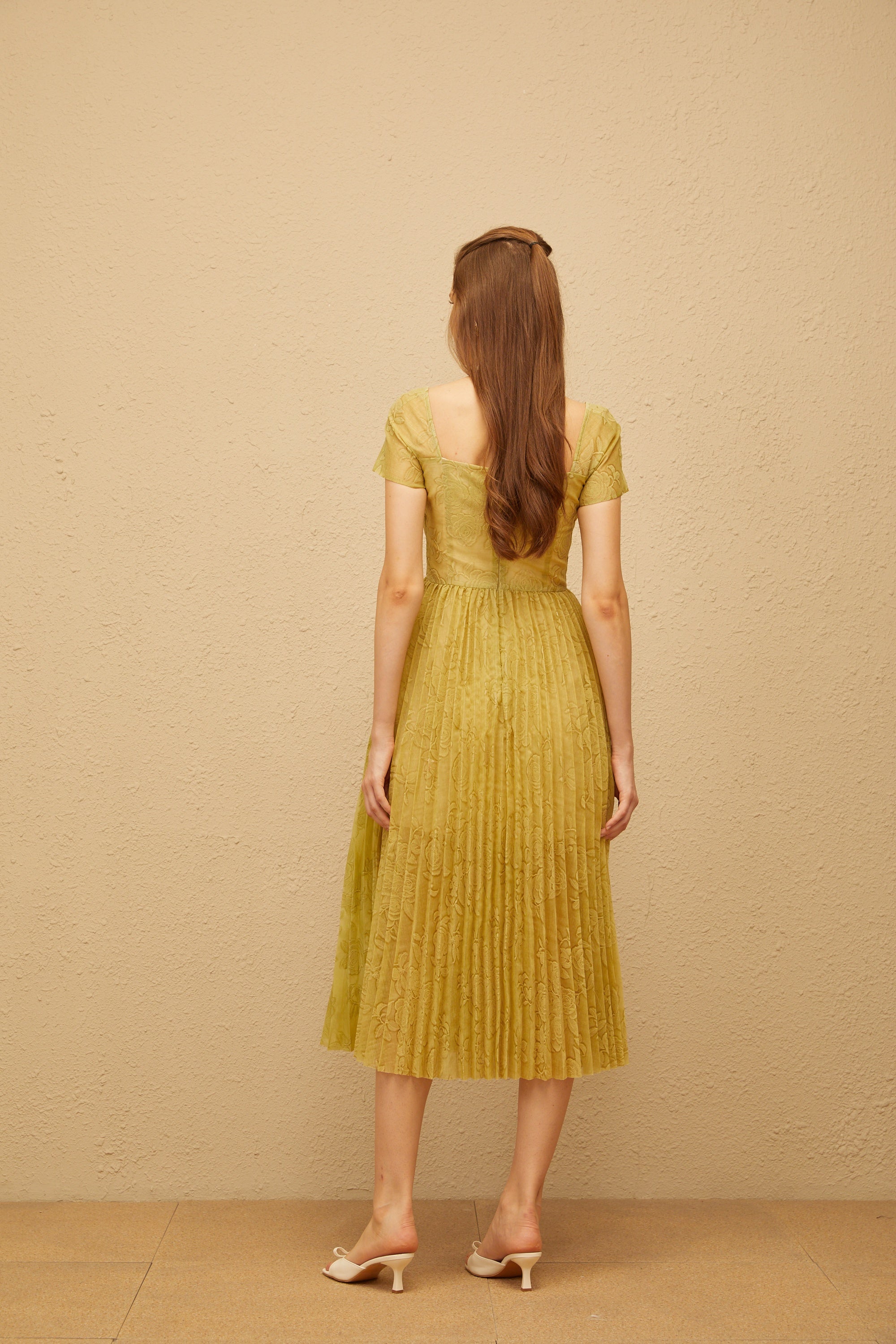 Capucine Green Floral Jacquard Pleated Midi Dress