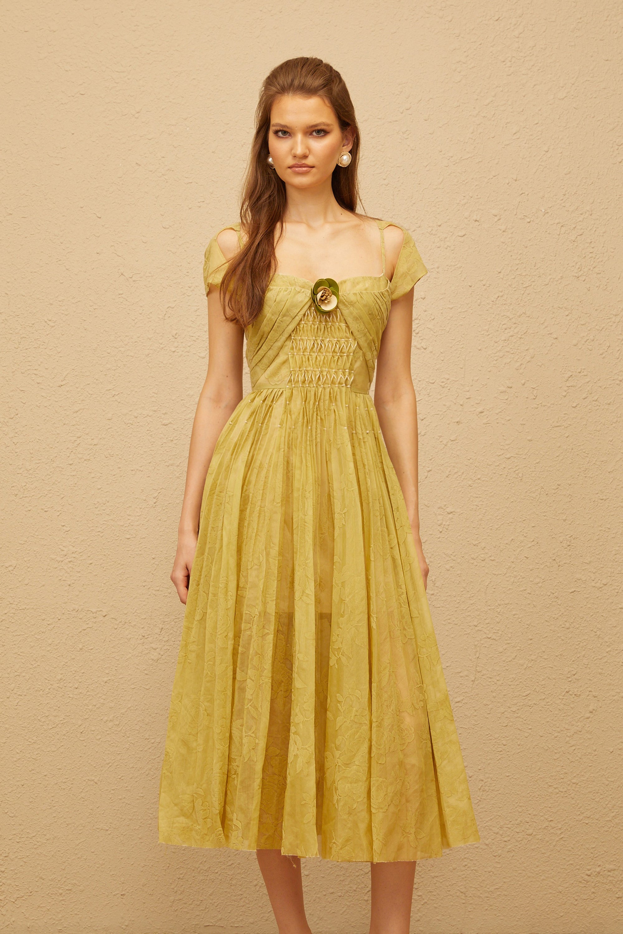 Béryl Green Floral Jacquard Midi Dress