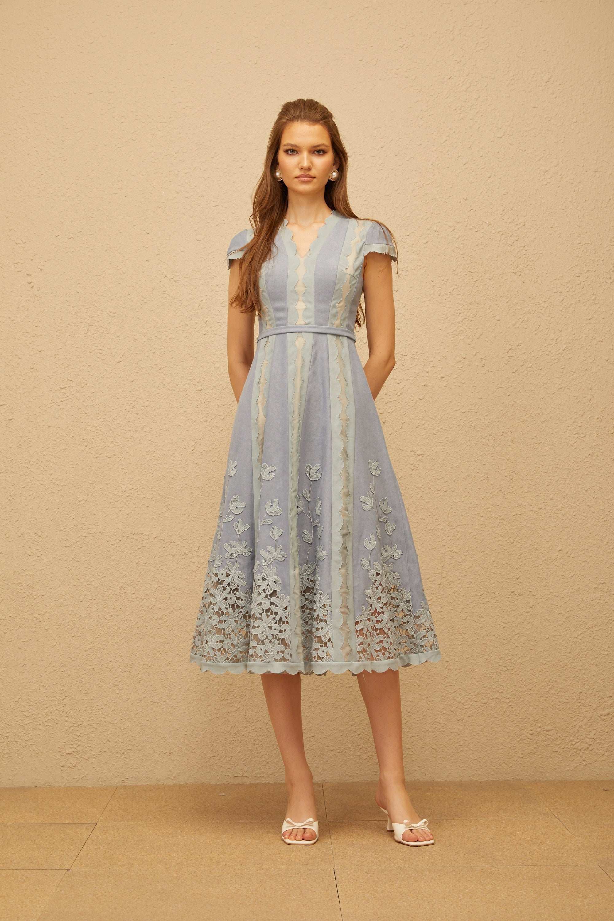 Amália Blue Scalloped Floral Embroidered Midi Dress (Final Sale-US Only)