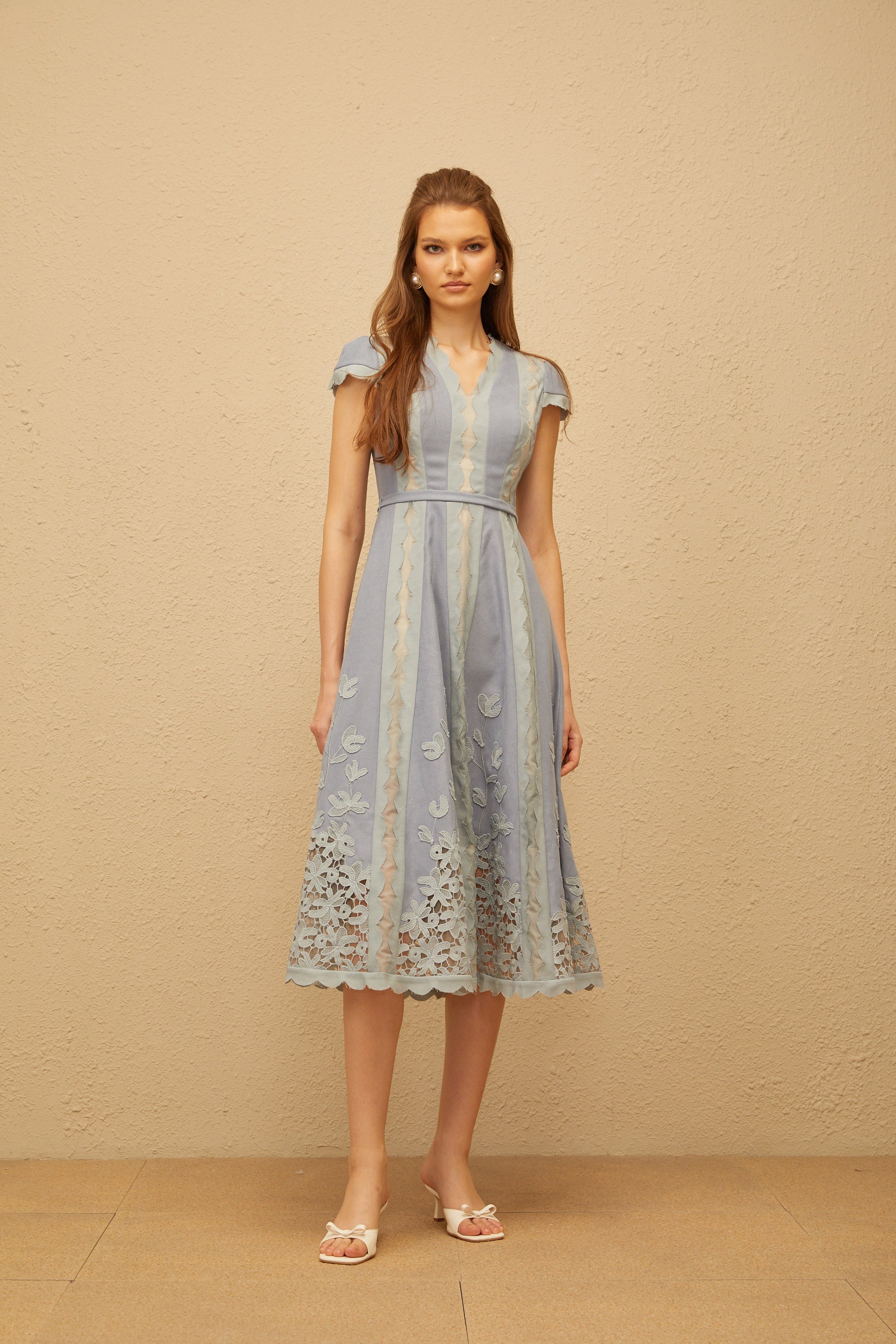 Amália Blue Scalloped Floral Embroidered Midi Dress (Final Sale-US Only)