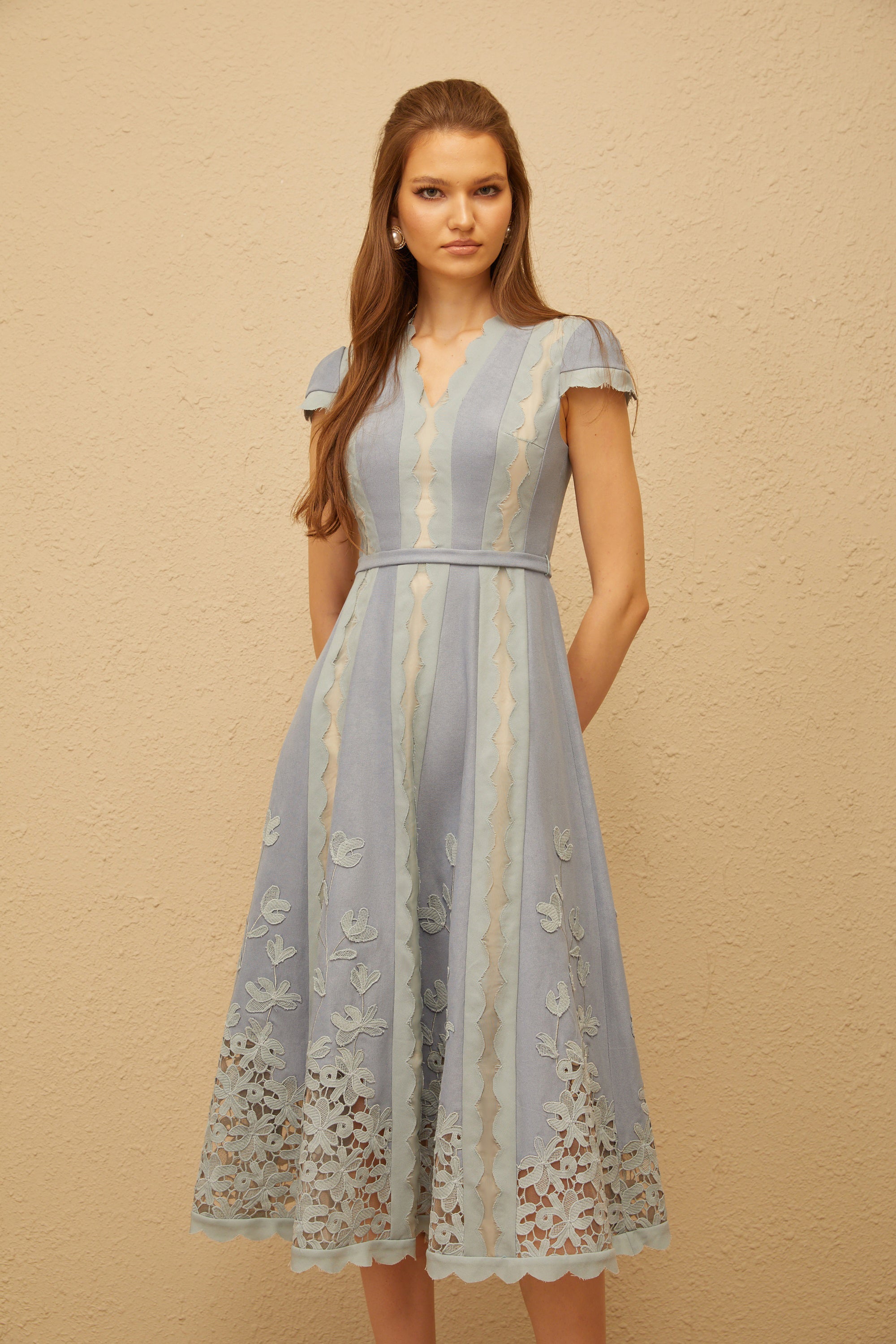 Amália Blue Scalloped Floral Embroidered Midi Dress (Final Sale-US Only)