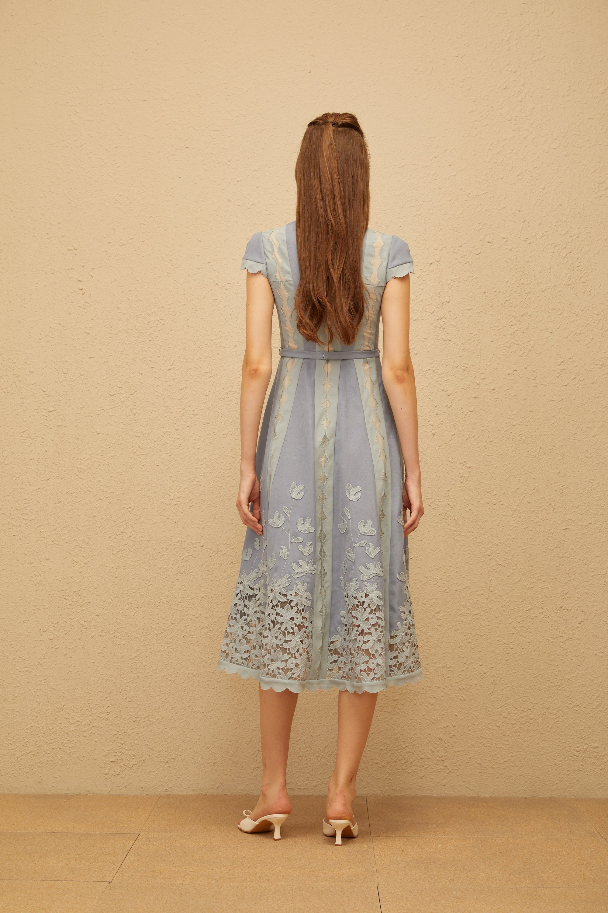 Amália Blue Scalloped Floral Embroidered Midi Dress (Final Sale-US Only)