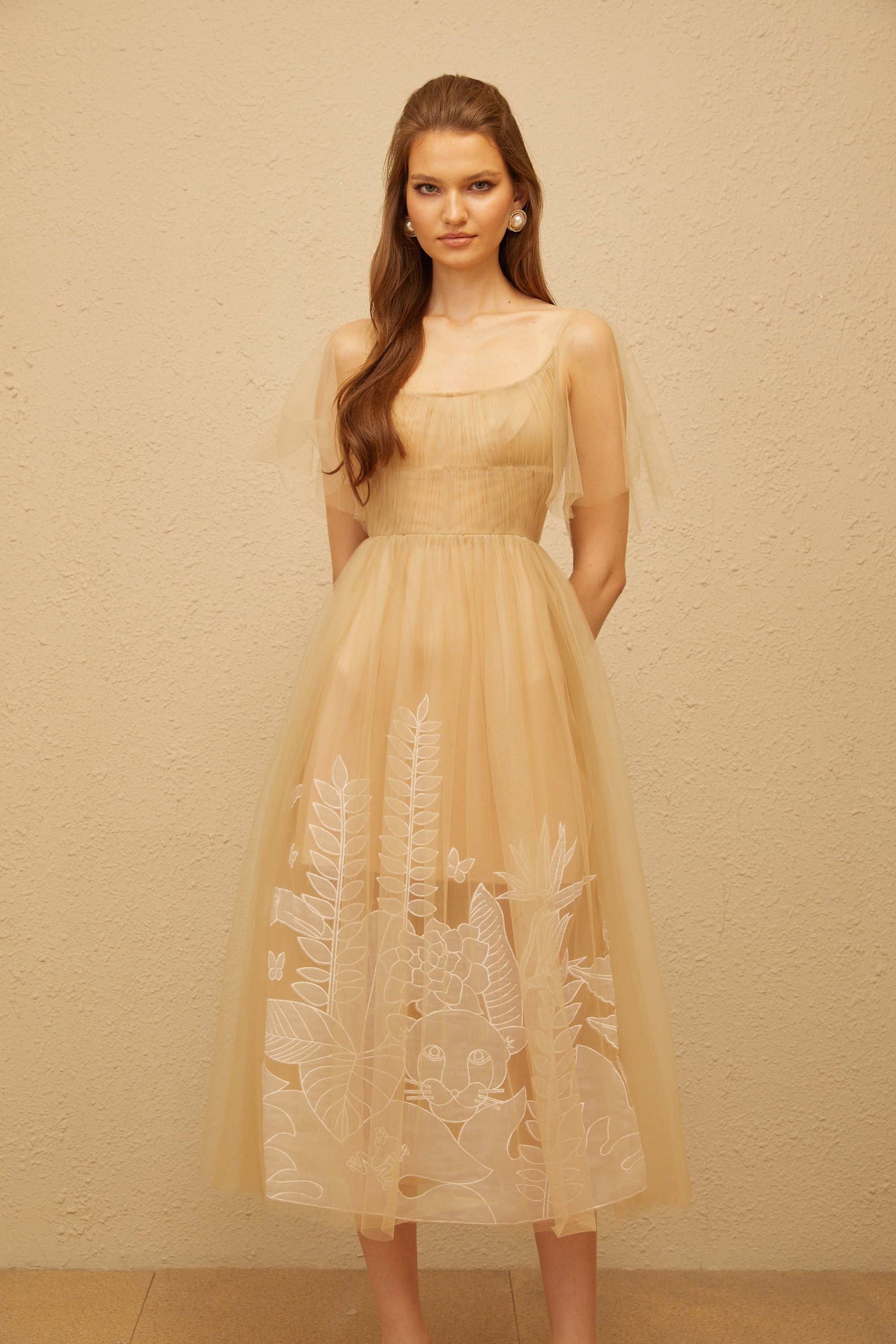 Blanka Neutral Pleated Jacquard Tulle Midi Dress