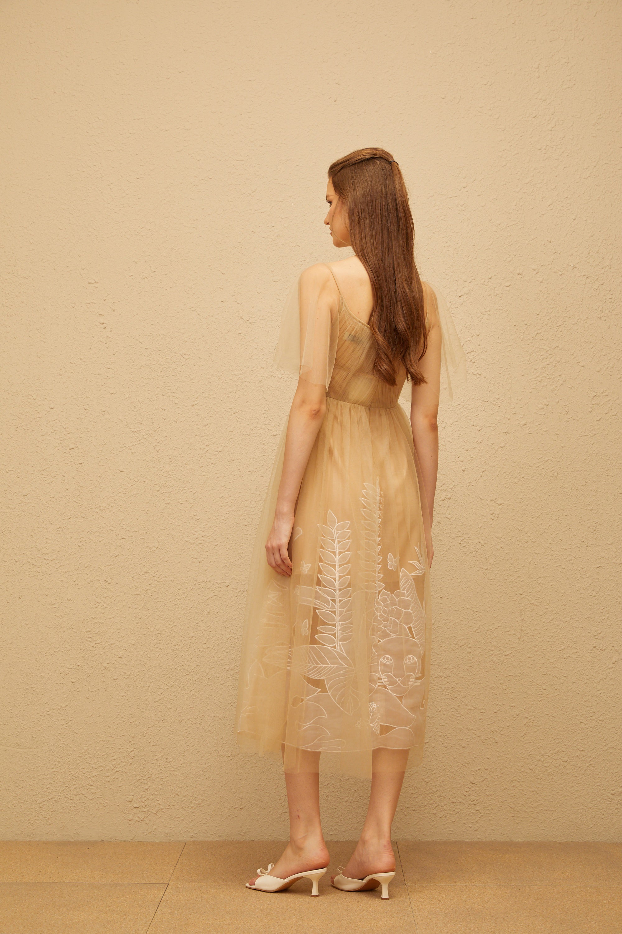 Blanka Neutral Pleated Jacquard Tulle Midi Dress