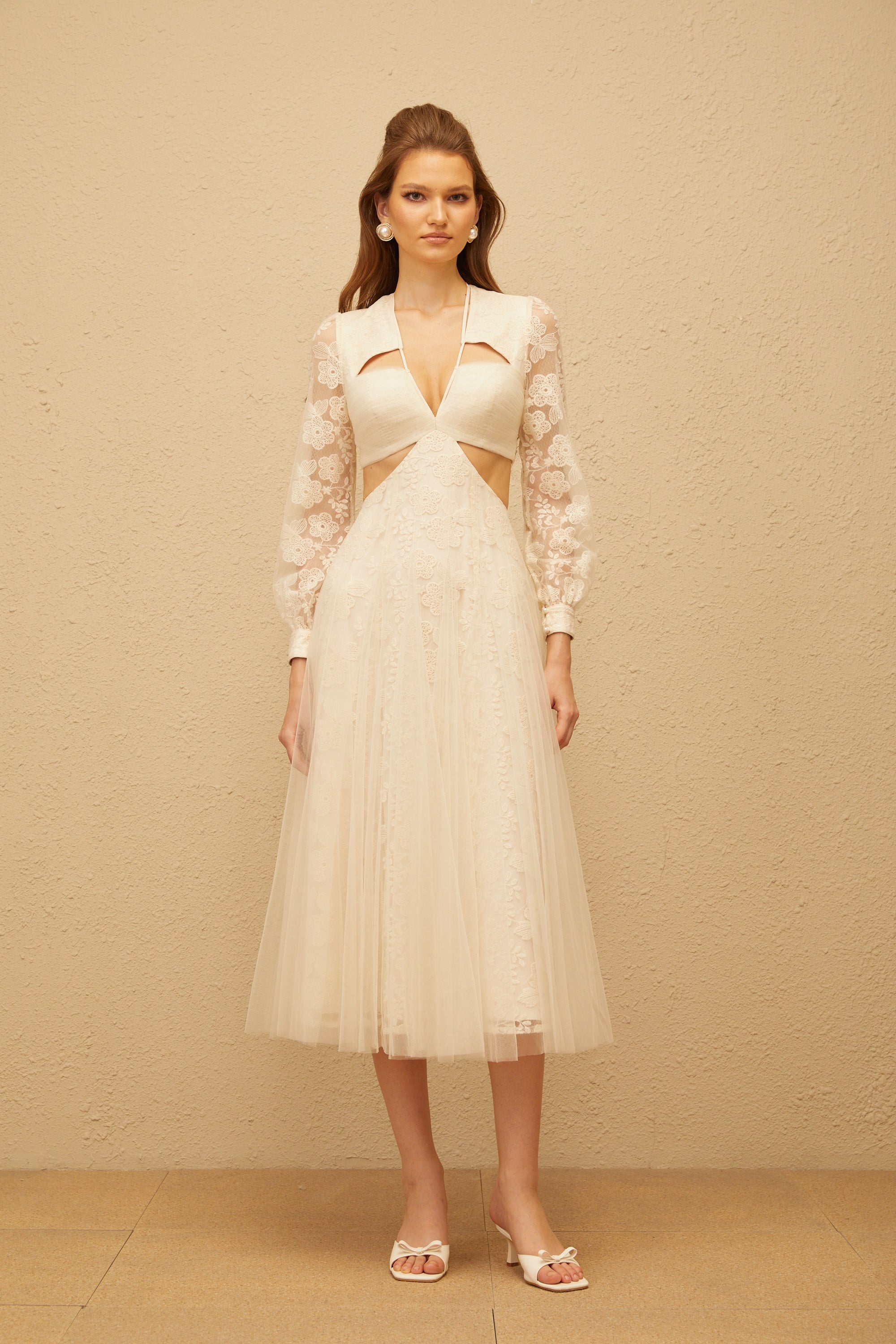 Esmé White Floral Lace Tulle Midi Dress