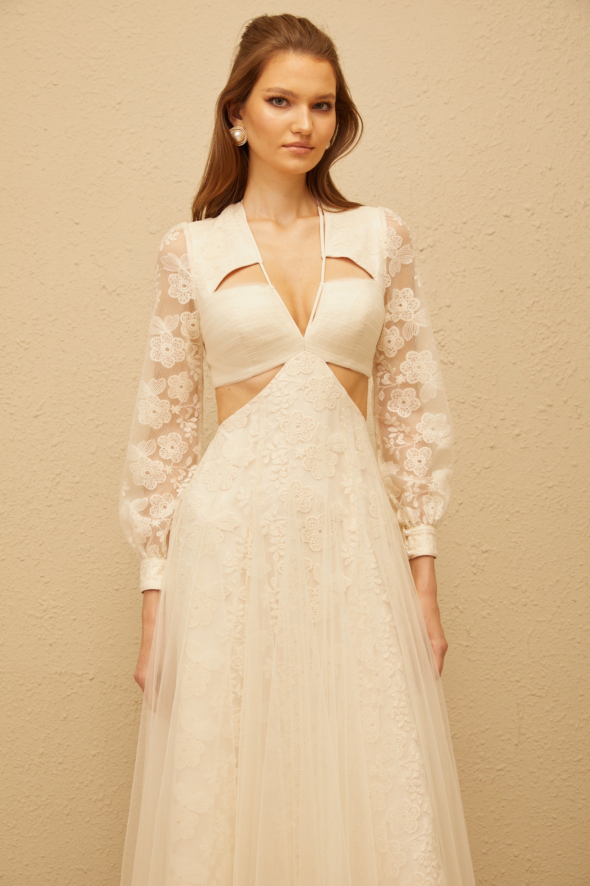 Esmé White Floral Lace Tulle Midi Dress