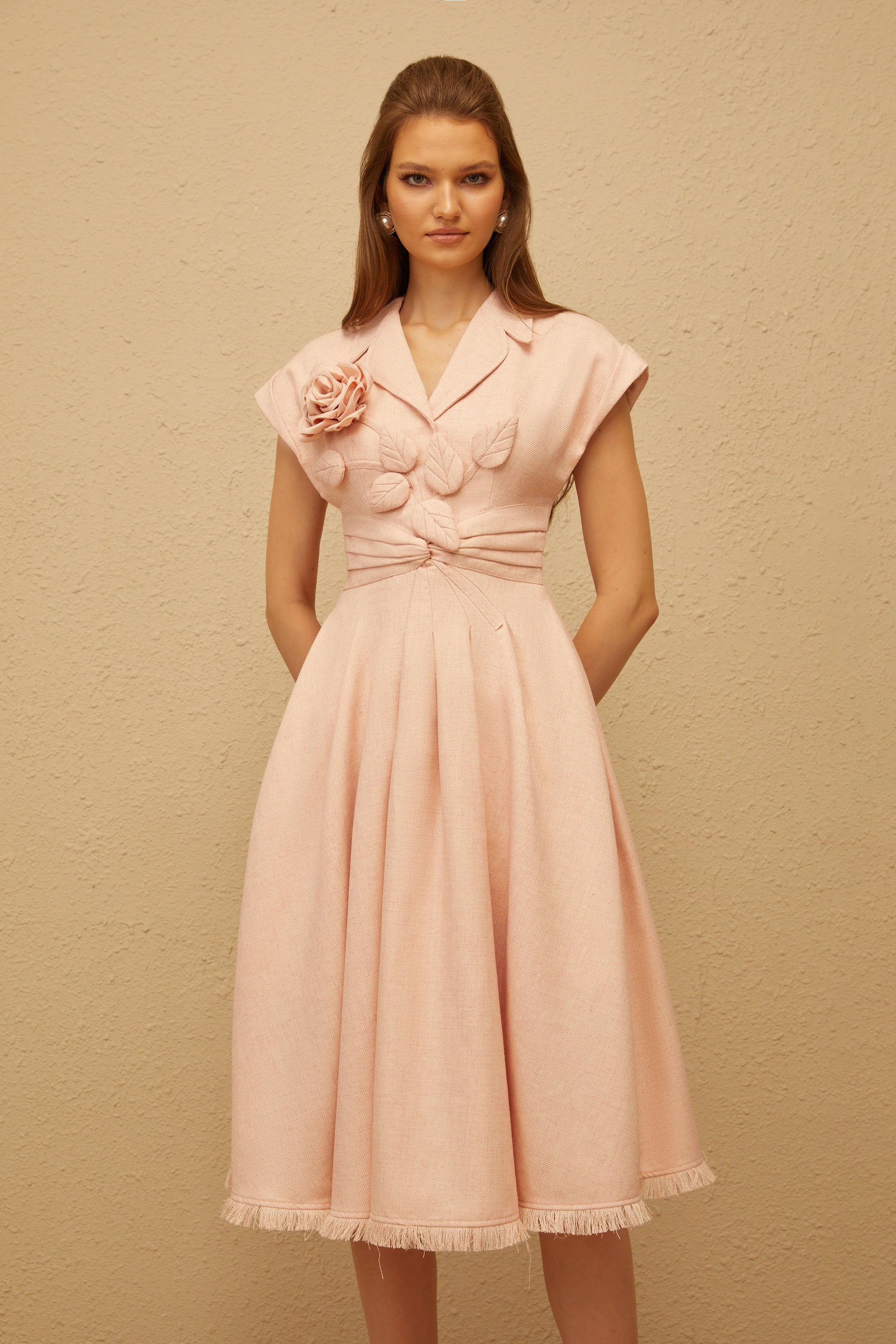 Bernadett Pink 3D Petal Pleated Midi Dress (Final Sale-US Only)
