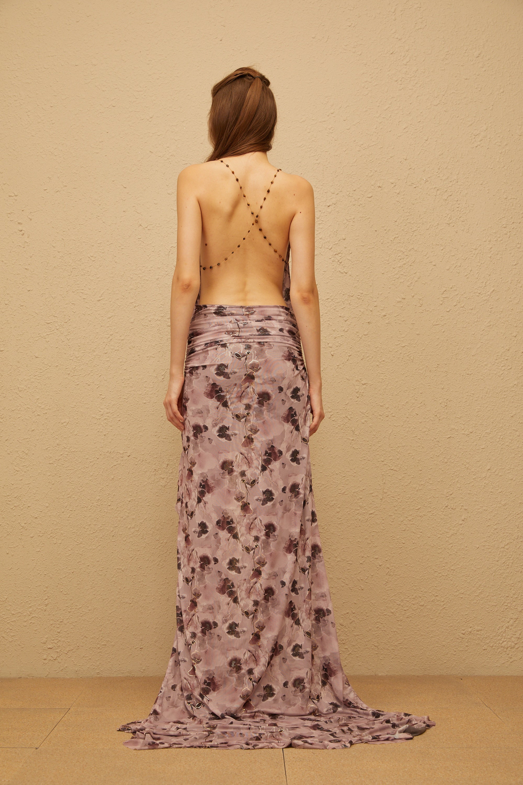 Aurore Purple Glittered Floral Print Mesh Maxi Dress