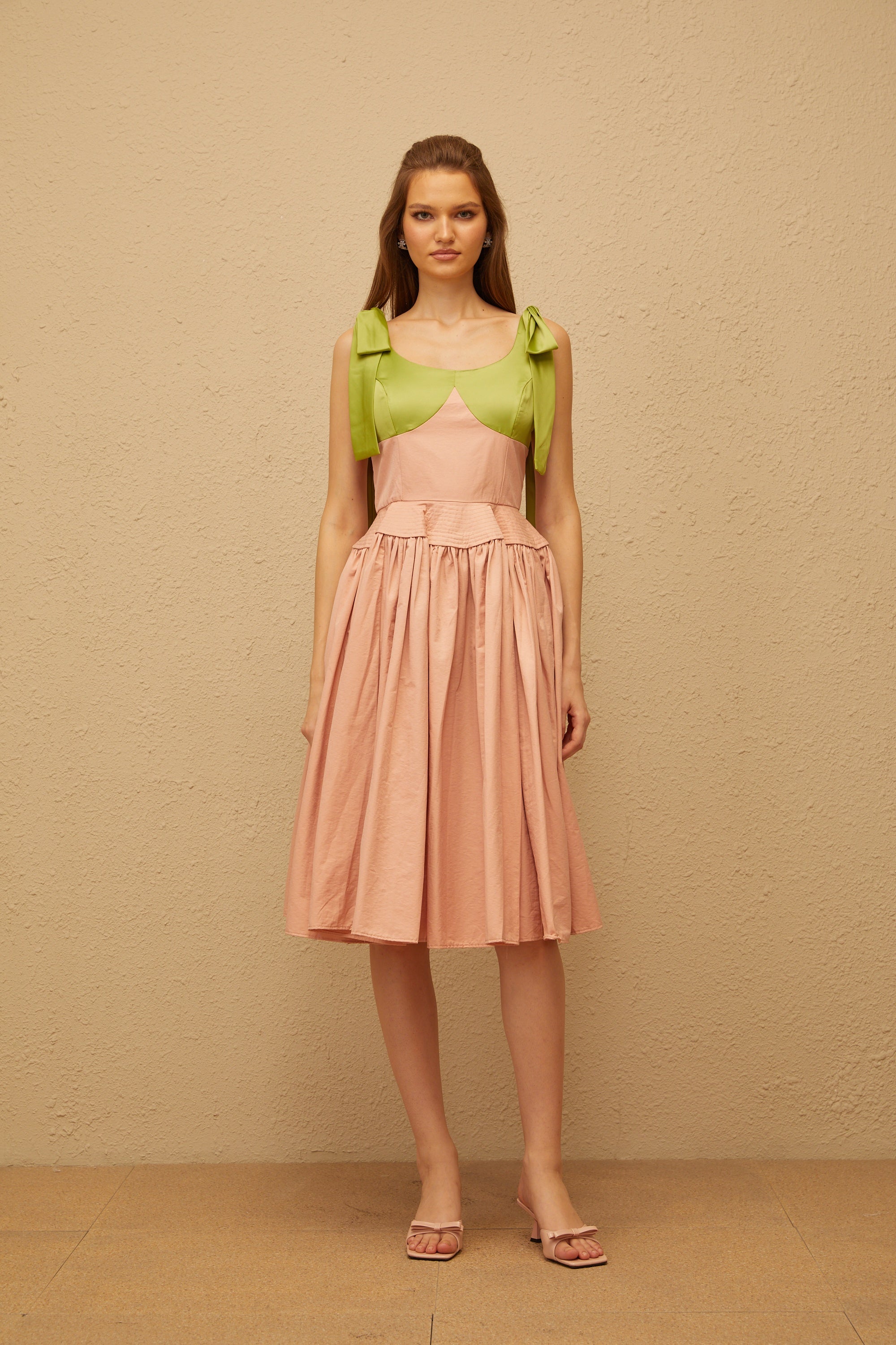 Abrielle Pink Satin Bowknot Strap Midi Dress