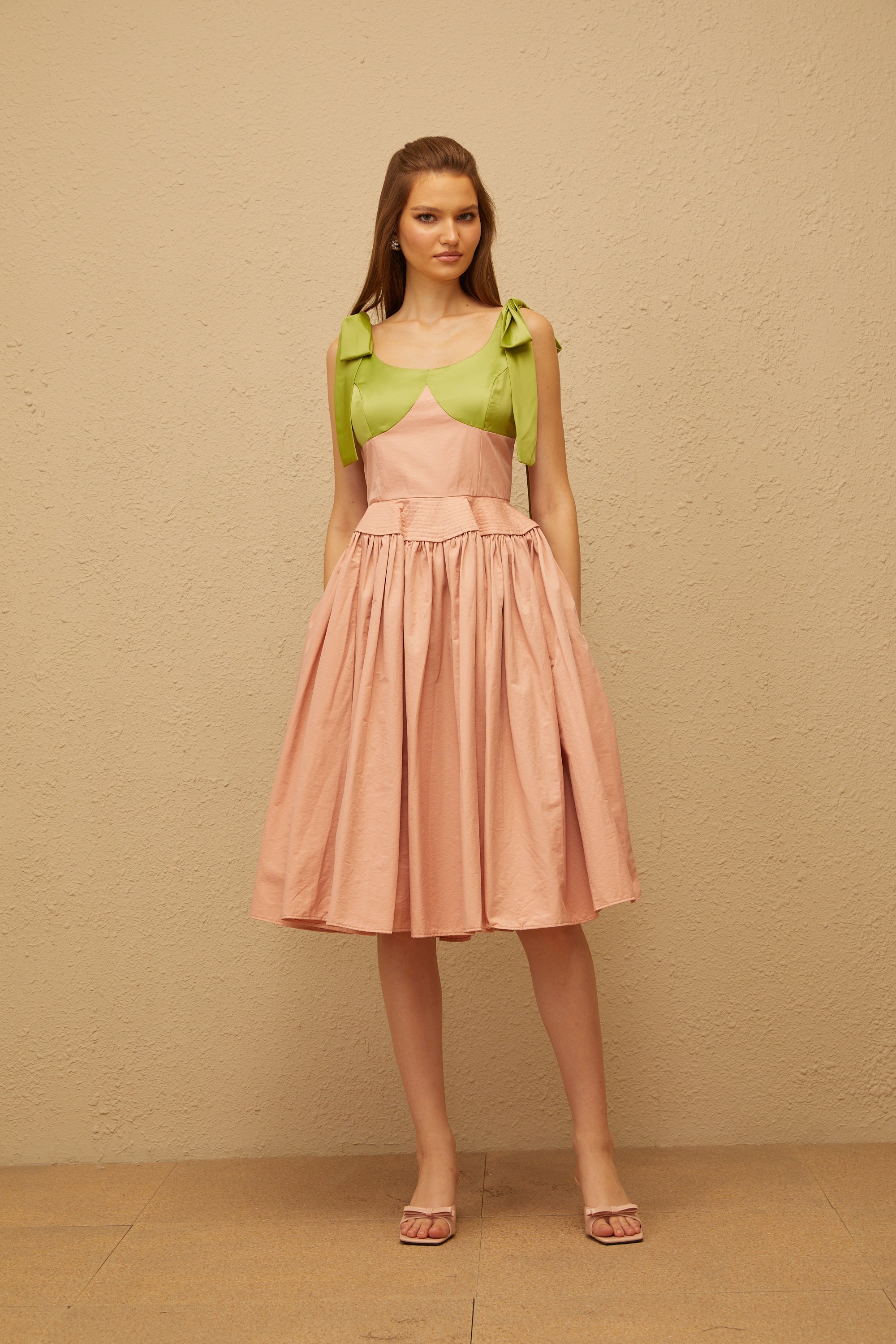 Abrielle Pink Satin Bowknot Strap Midi Dress