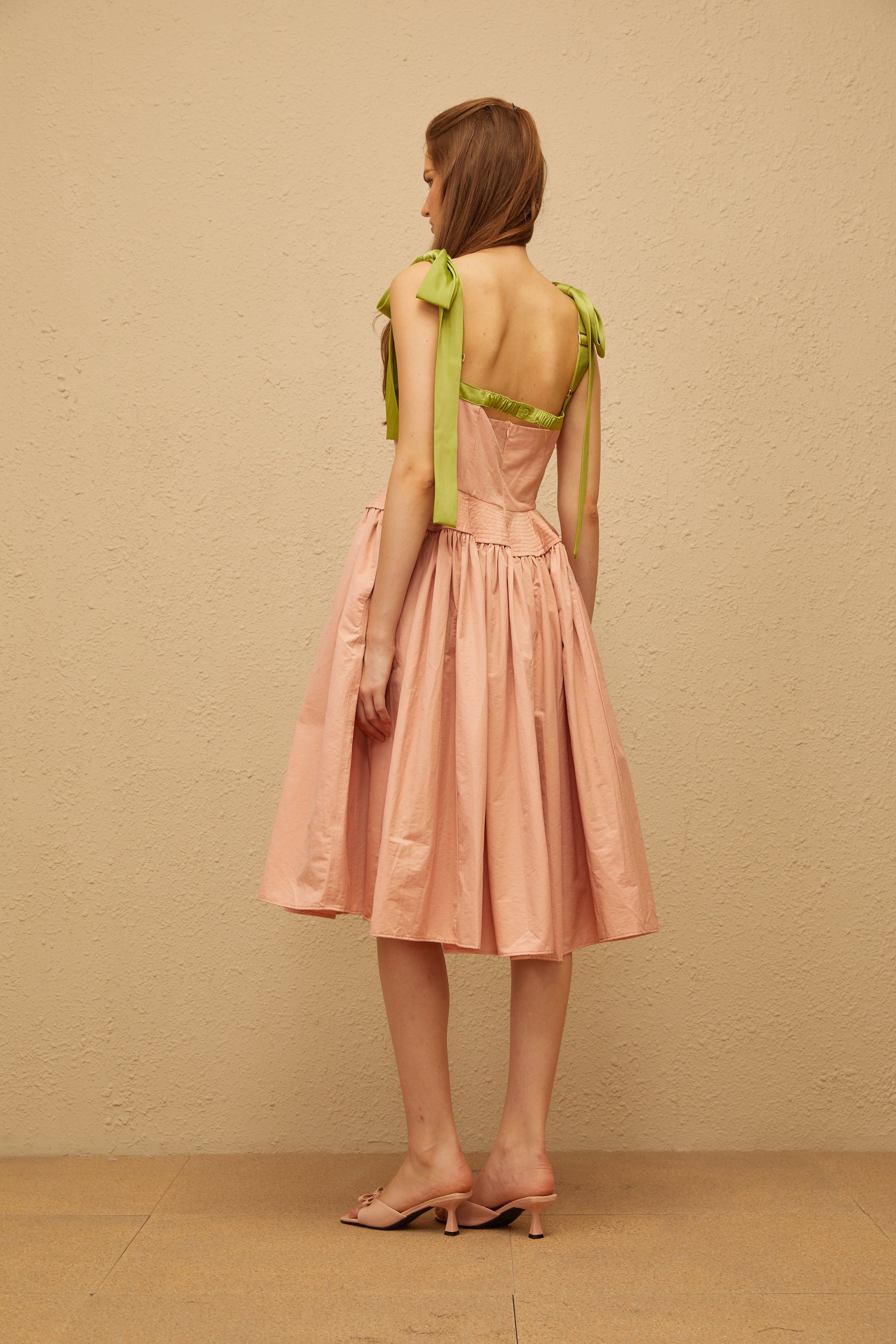 Abrielle Pink Satin Bowknot Strap Midi Dress