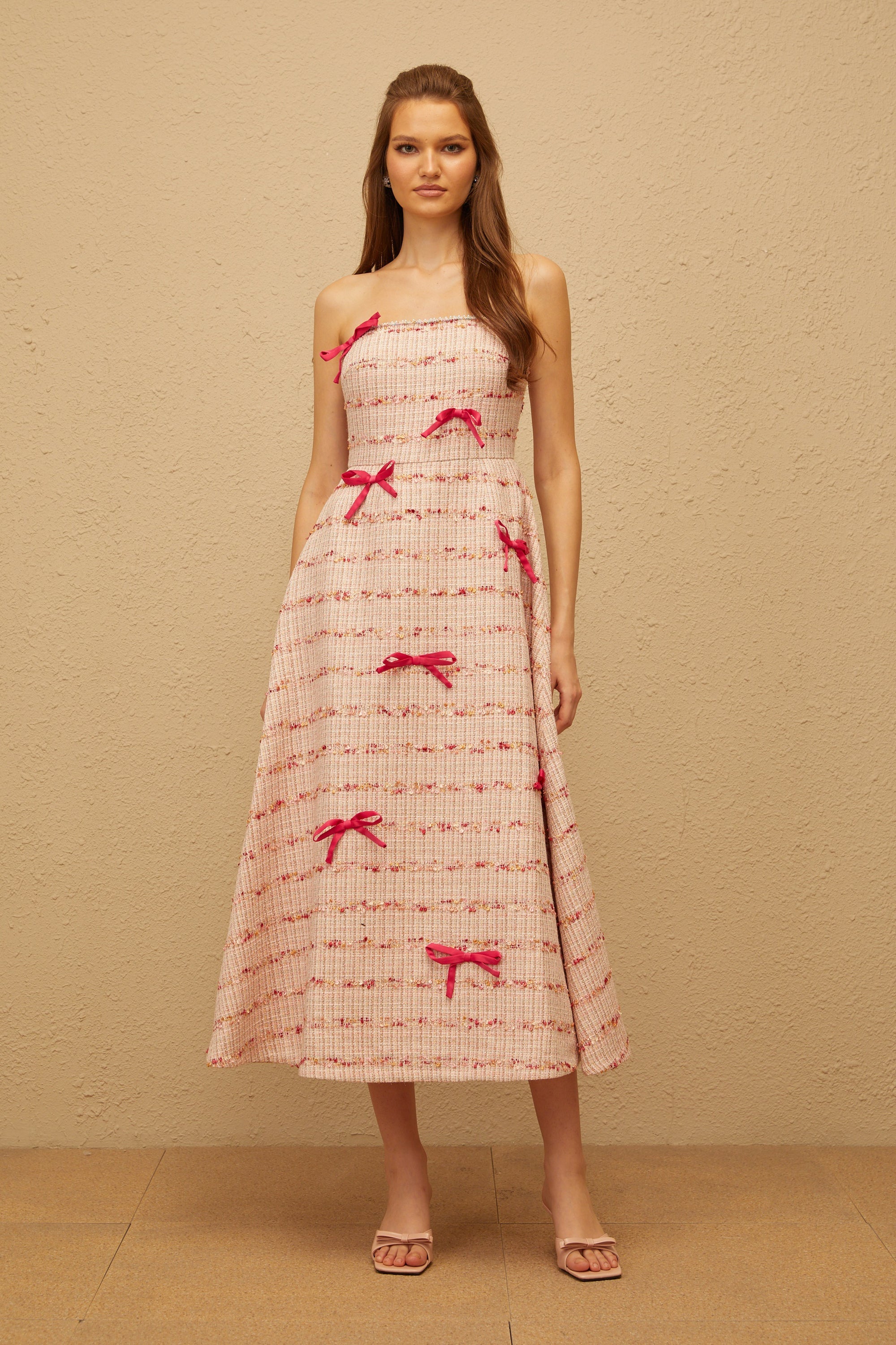 Fabienne Pink Bow Embellished Tweed Midi Dress (Final Sale-US Only)