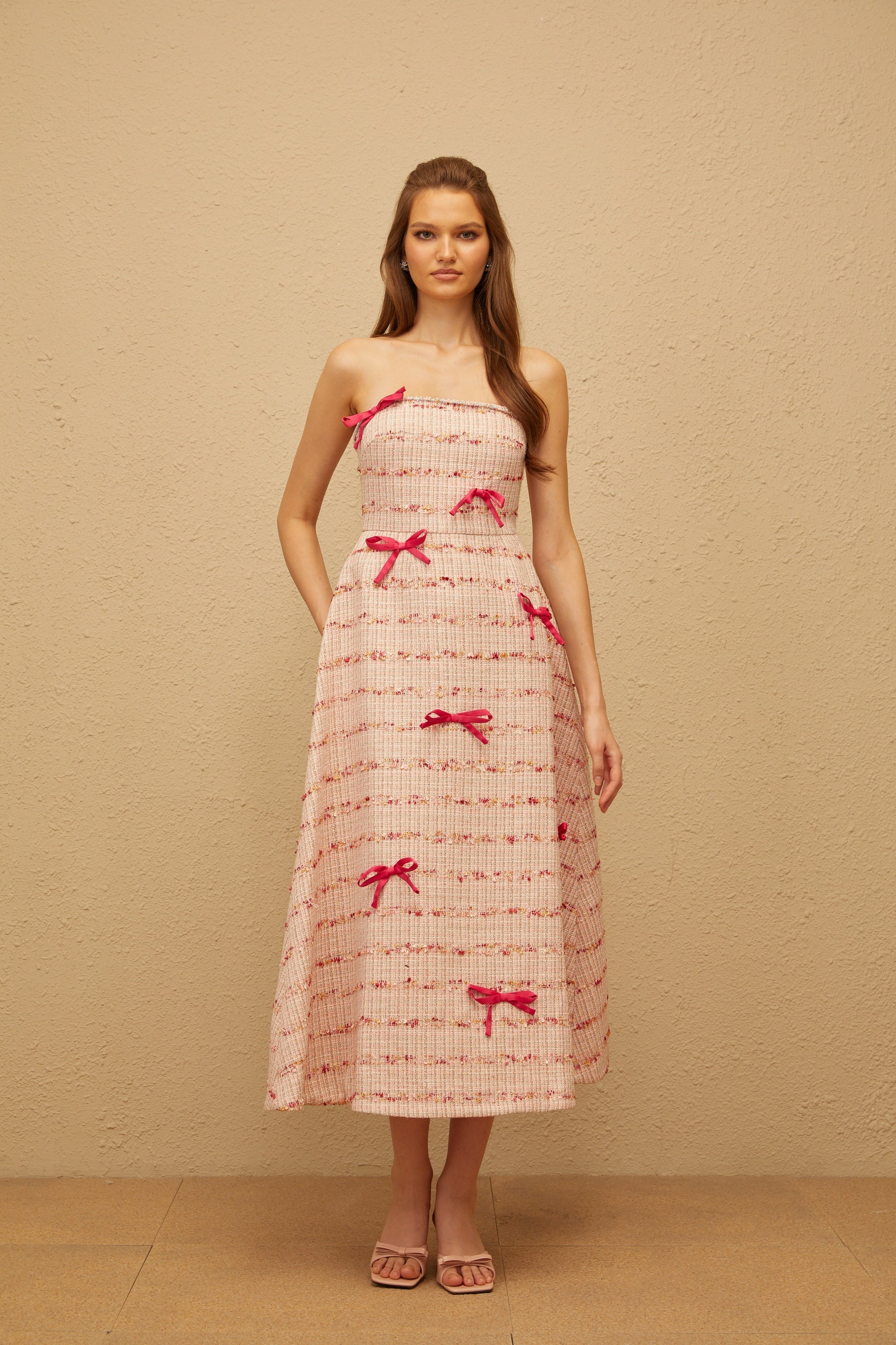 Fabienne Pink Bow Embellished Tweed Midi Dress (Final Sale-US Only)