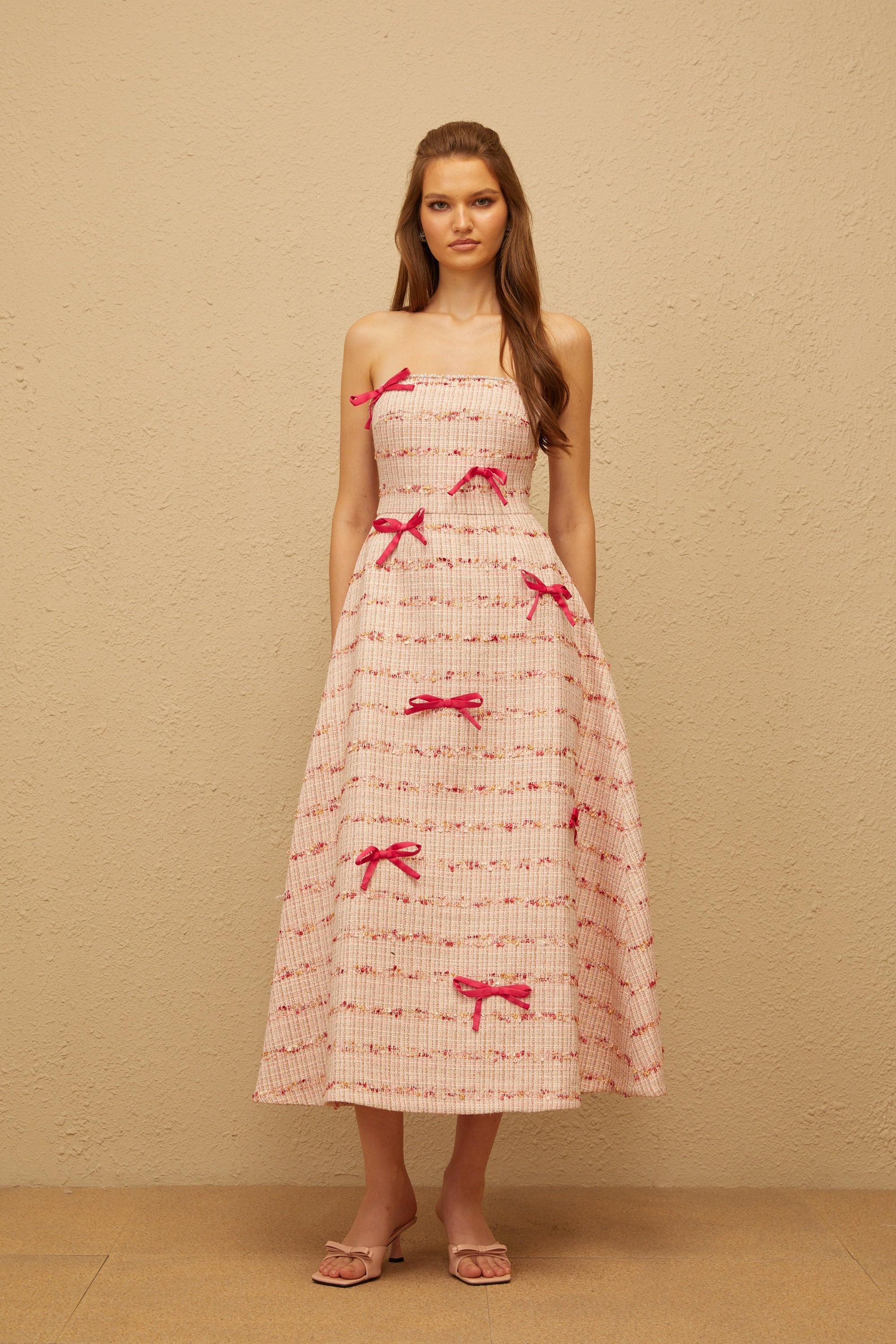 Fabienne Pink Bow Embellished Tweed Midi Dress (Final Sale-US Only)