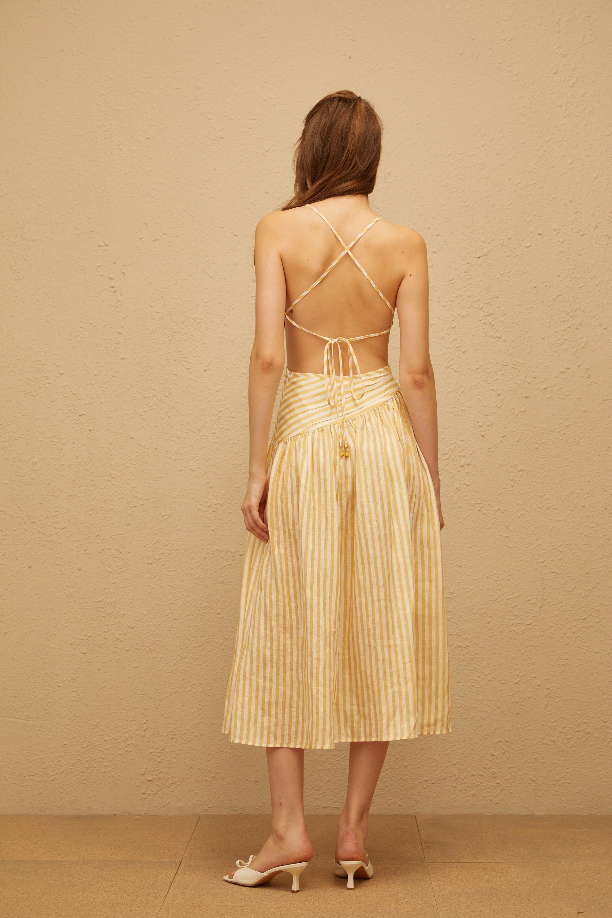 Fabienne Yellow Asymmetrical Striped Midi Dress