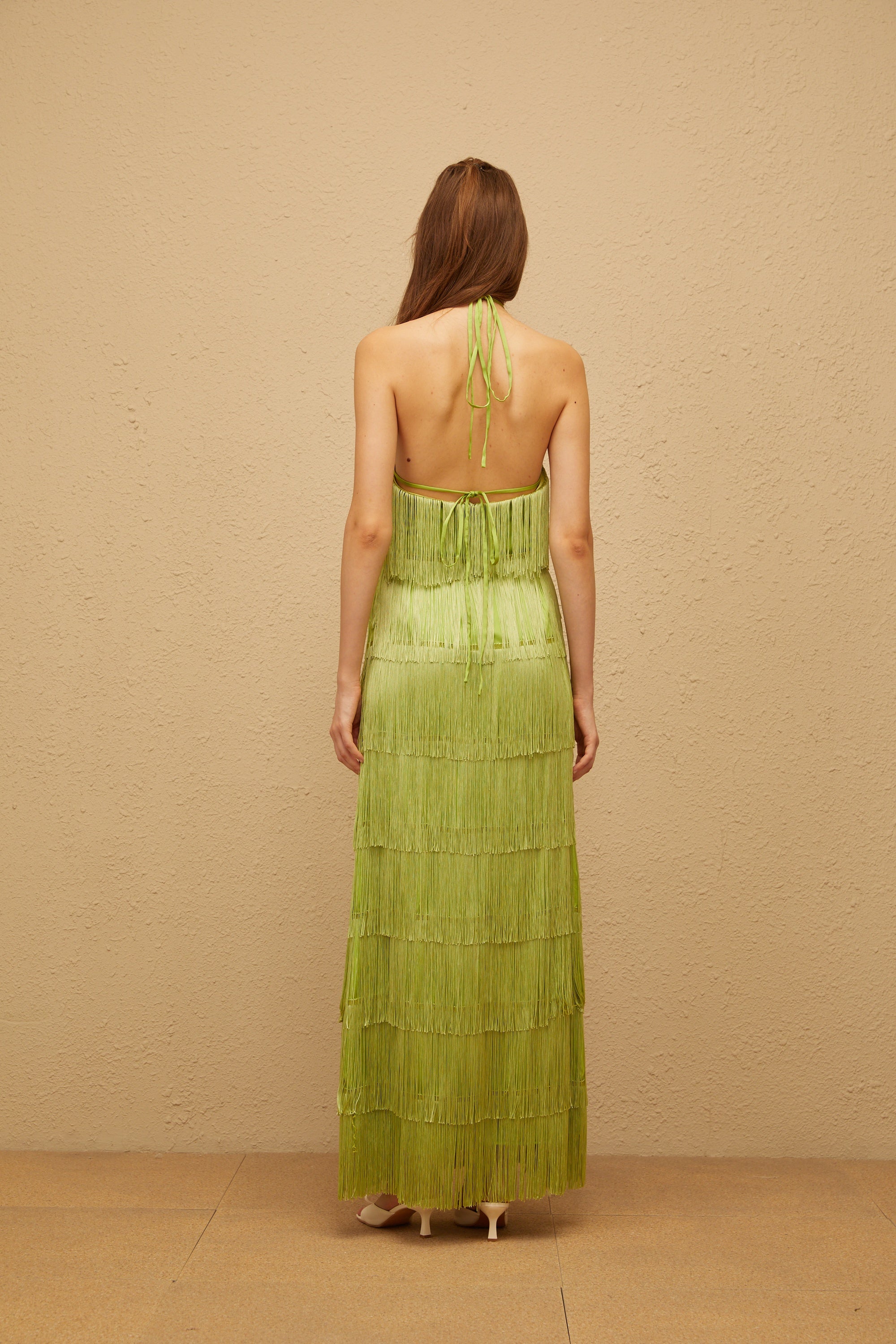 Quentin Green Layered Fringed Maxi Dress