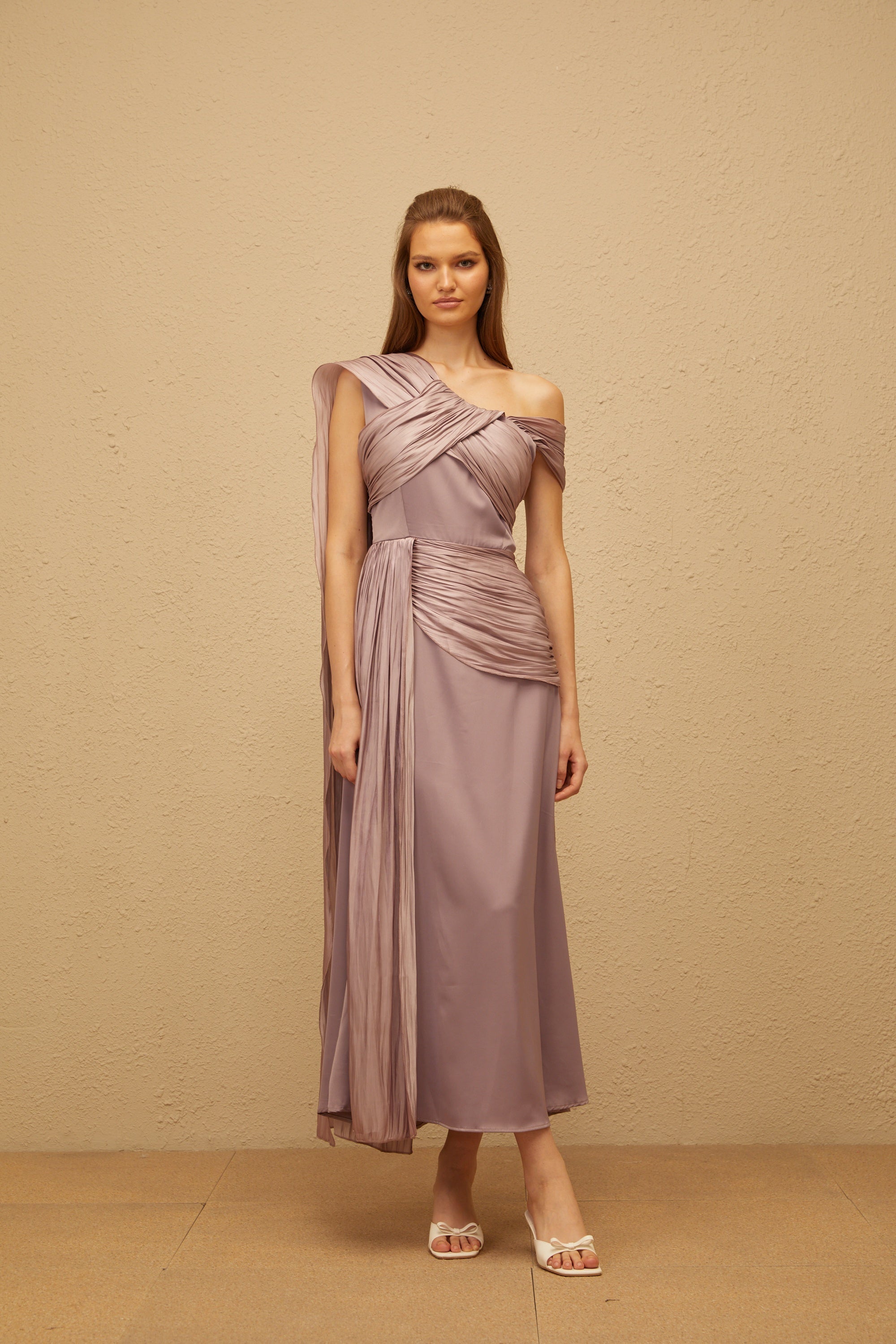 Judith Purple Ruched Glossy Ribbon Maxi Dress (Final Sale)