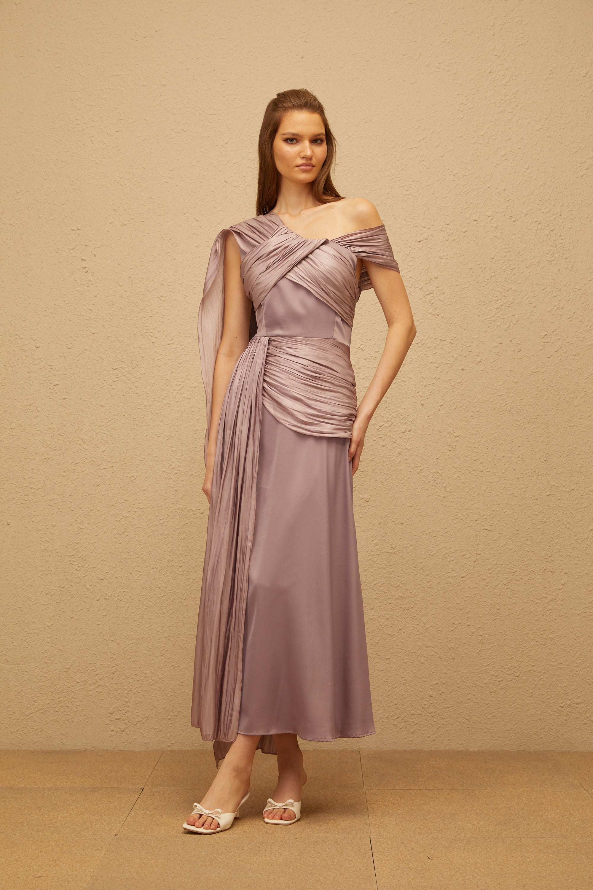Judith Purple Ruched Glossy Ribbon Maxi Dress (Final Sale)