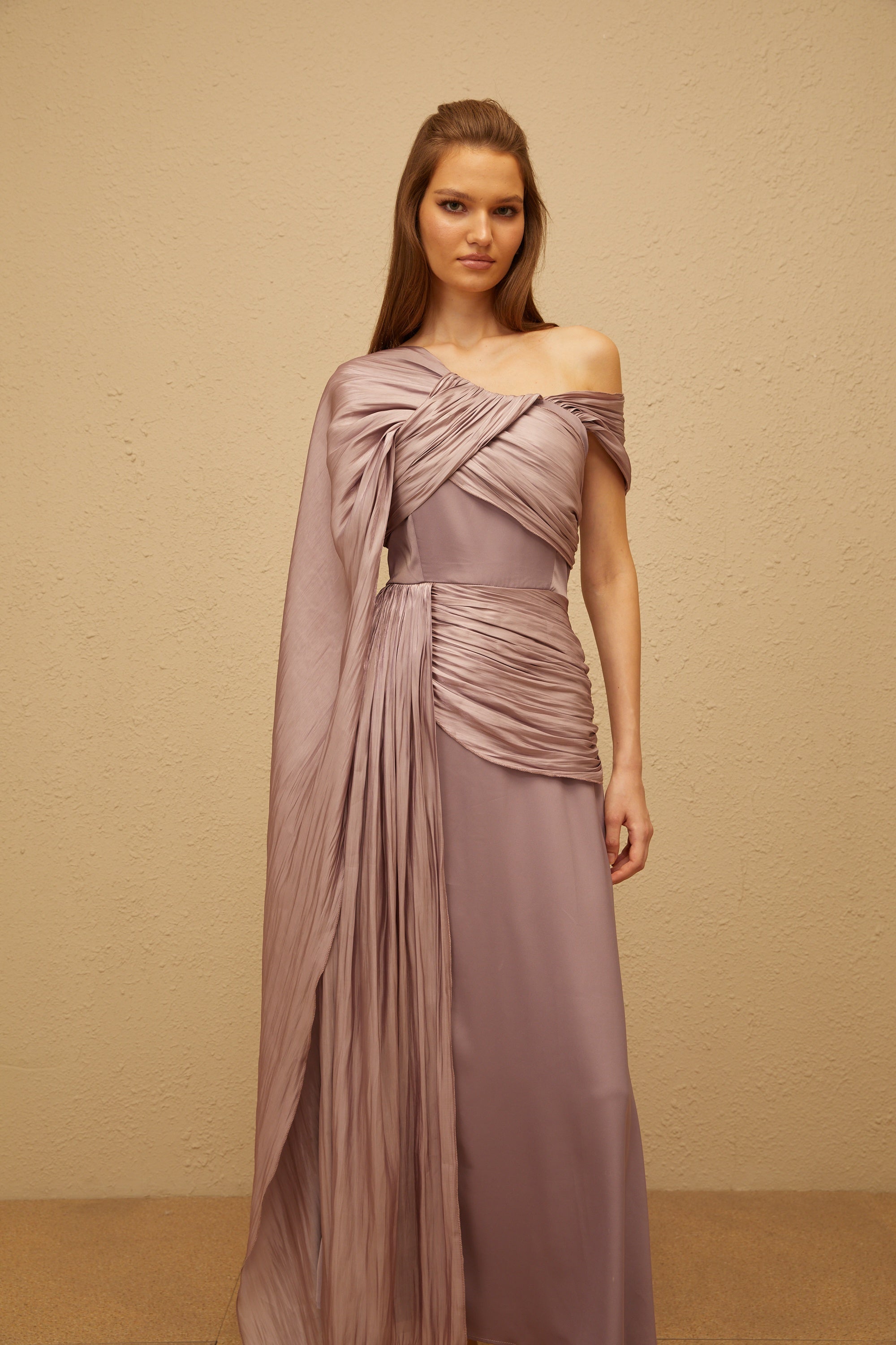 Judith Purple Ruched Glossy Ribbon Maxi Dress (Final Sale)