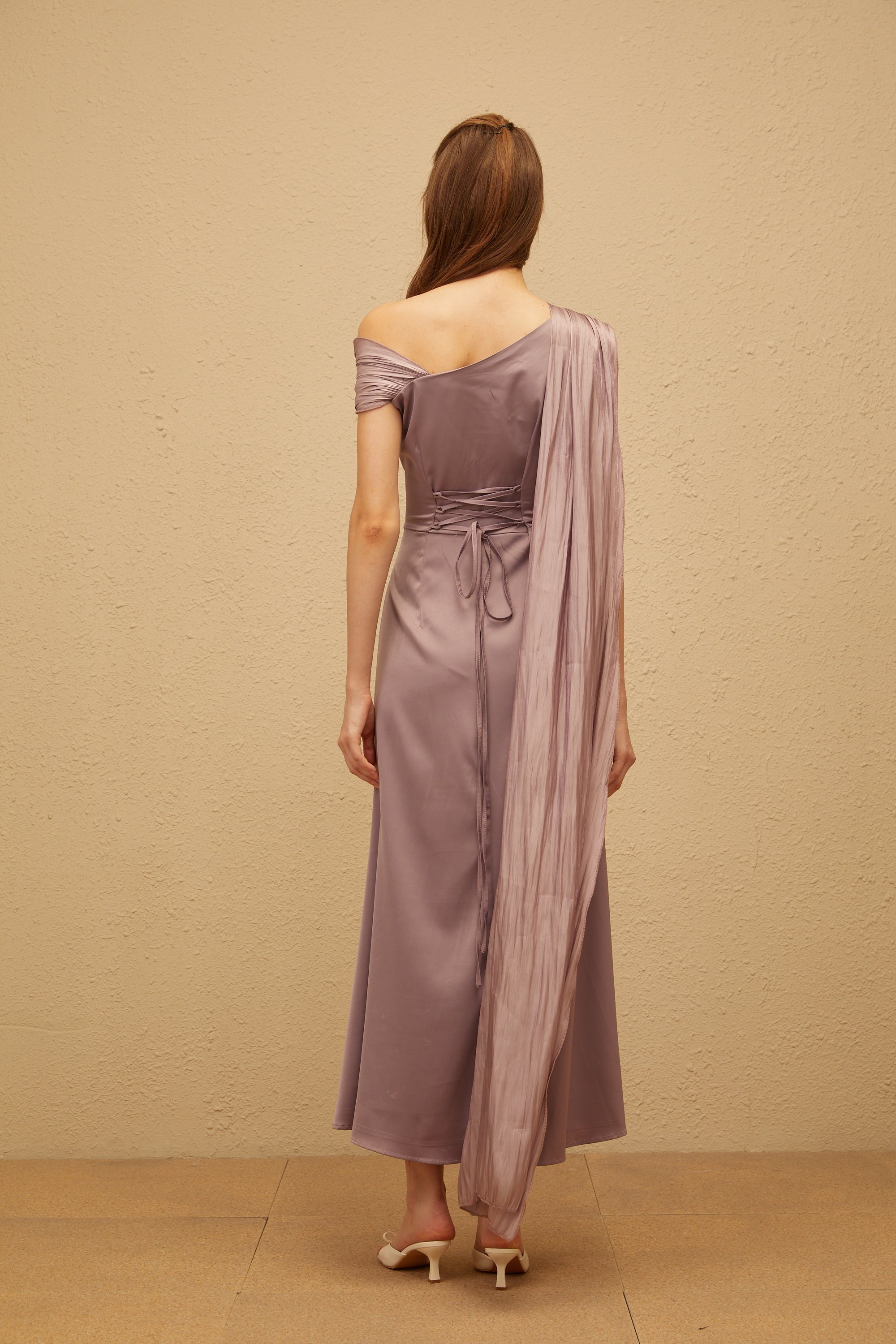 Judith Purple Ruched Glossy Ribbon Maxi Dress (Final Sale)
