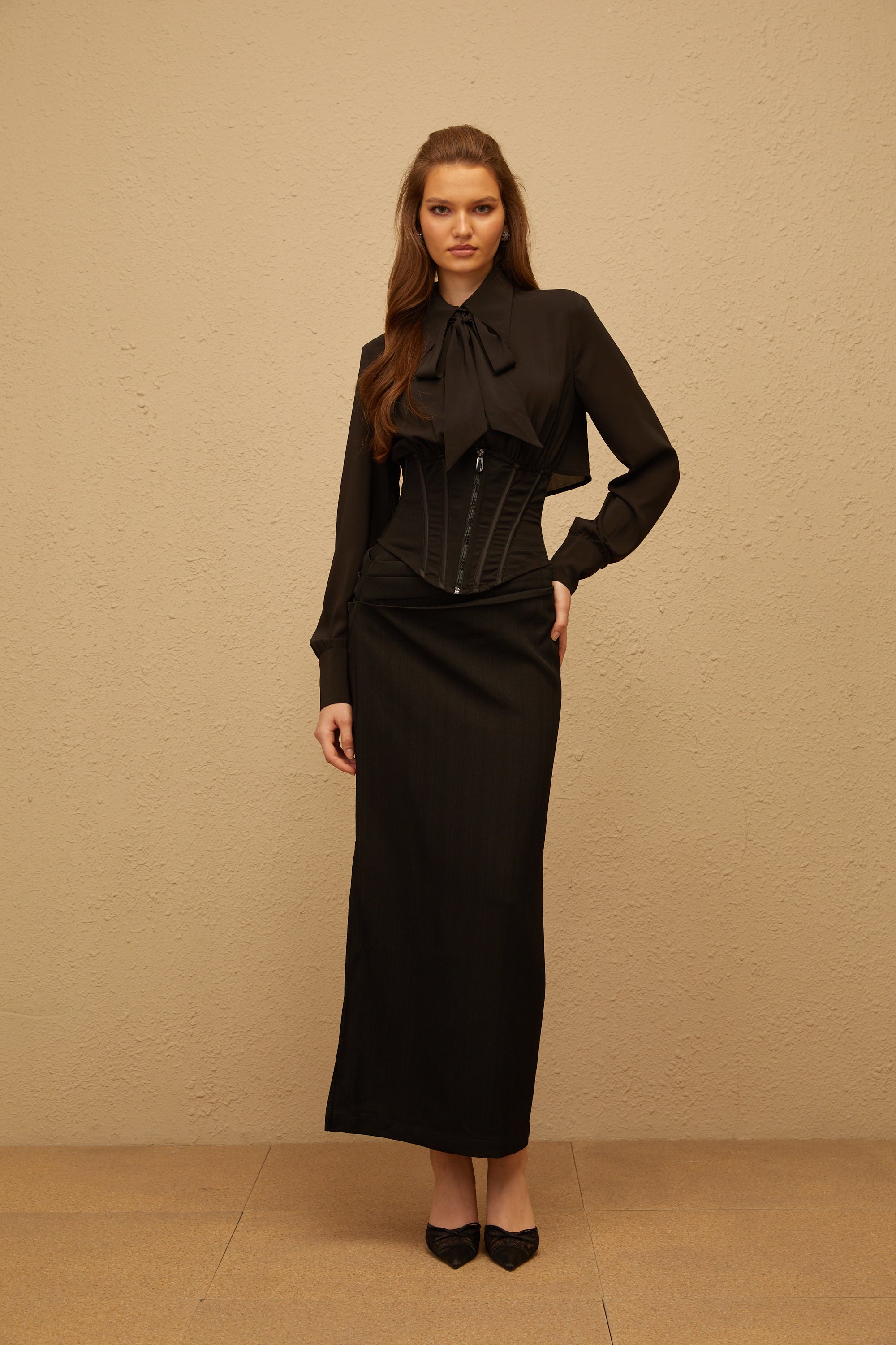 Aimée Black Corset Panel Chiffon Shirt
