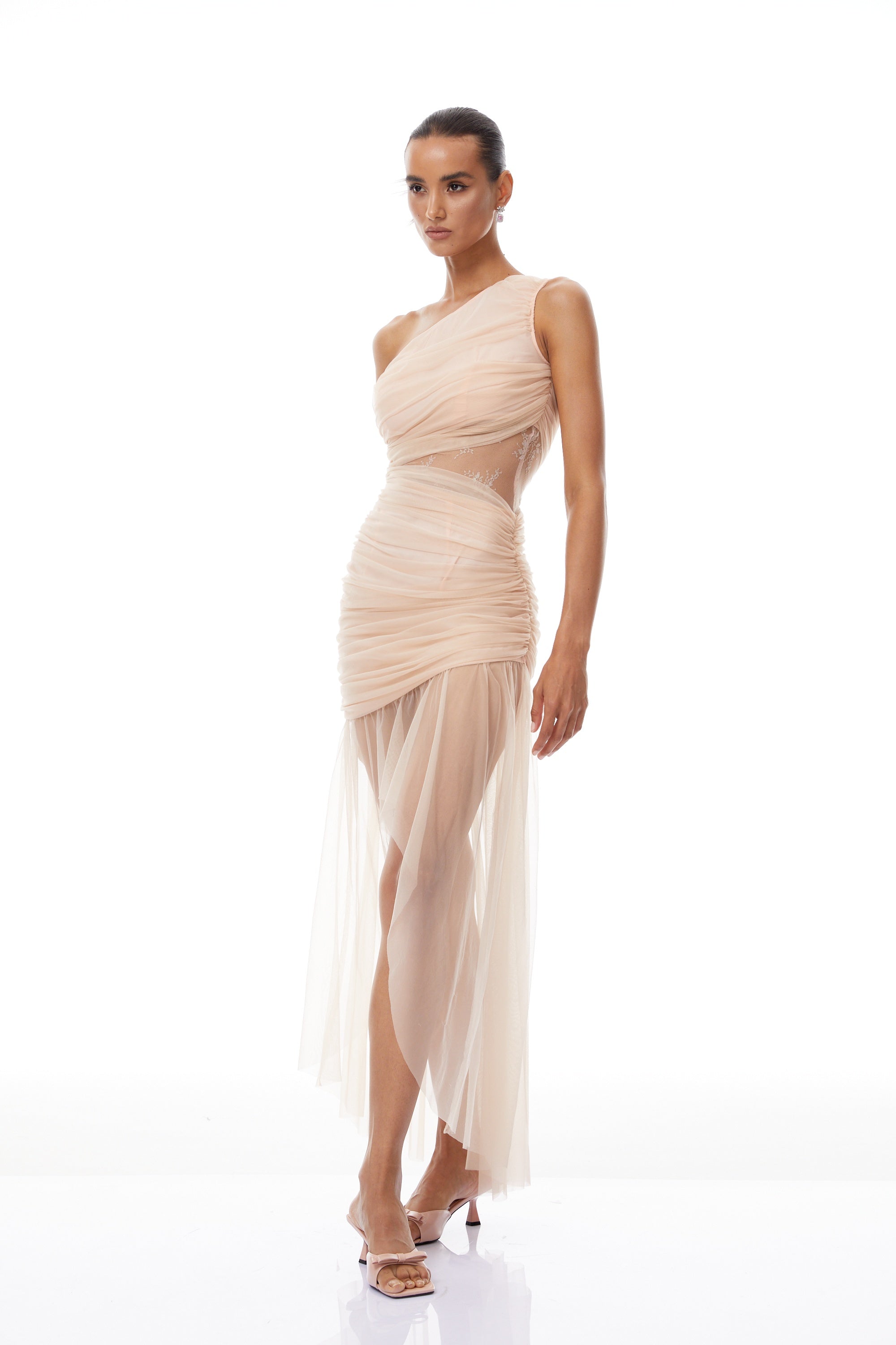 Niki Neutral Asymmetrical Ruched Tulle Midi Dress