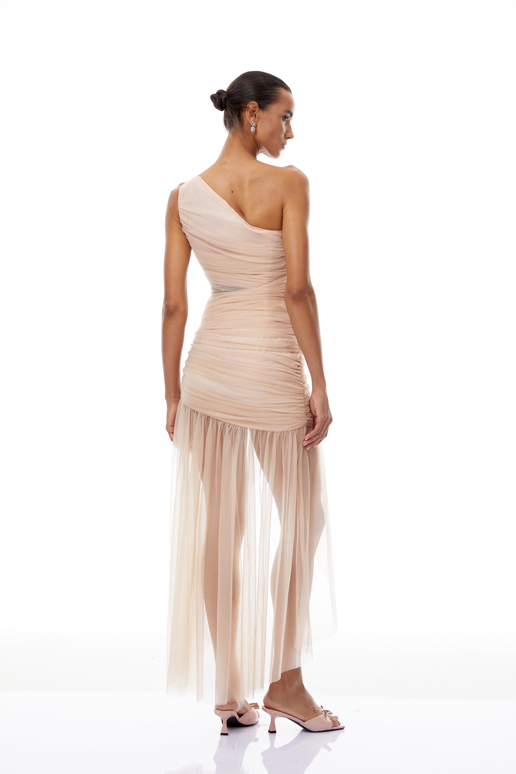 Niki Neutral Asymmetrical Ruched Tulle Midi Dress