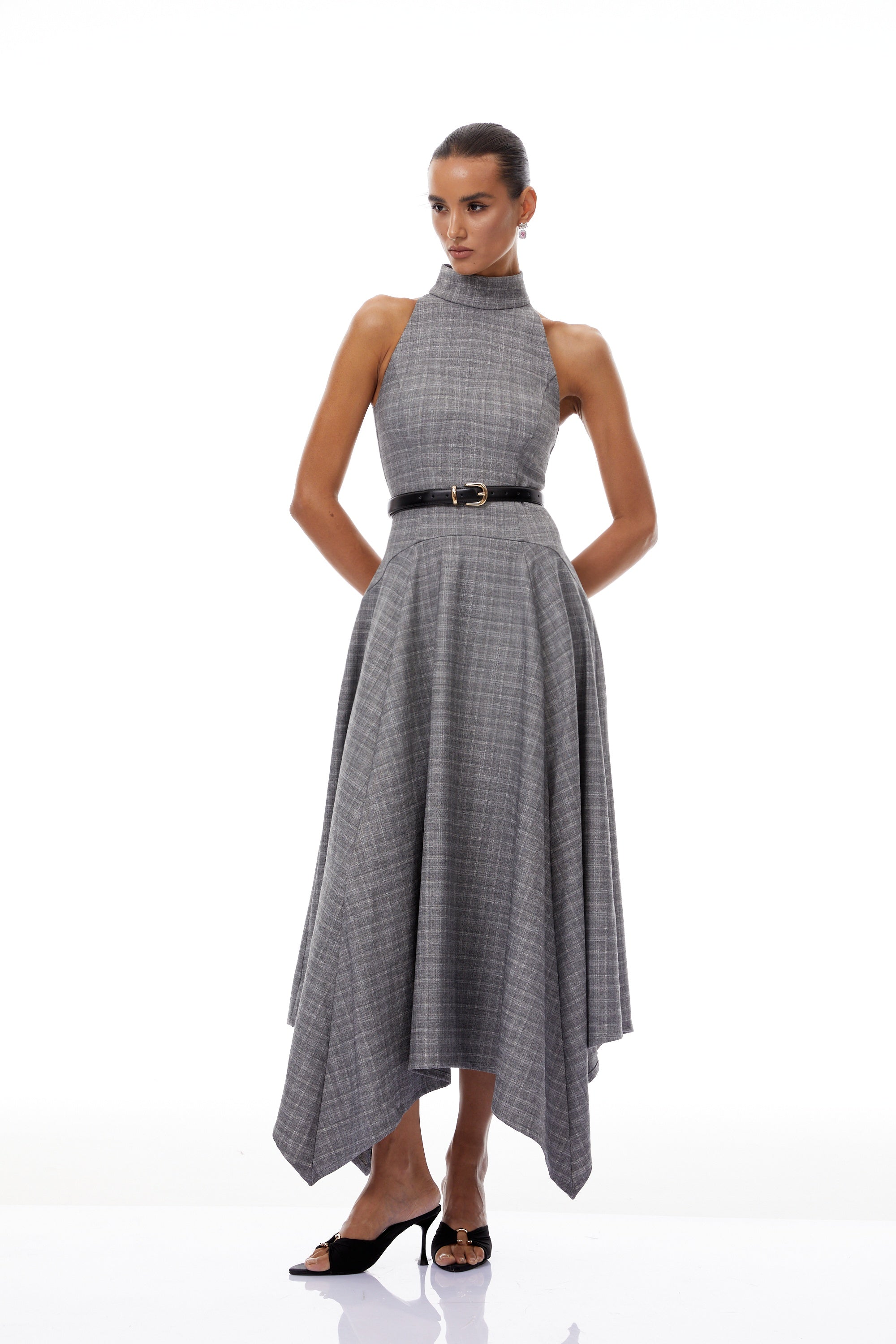 Wilhemine Grey Checked Tweed Midi Dress (Without Belt)