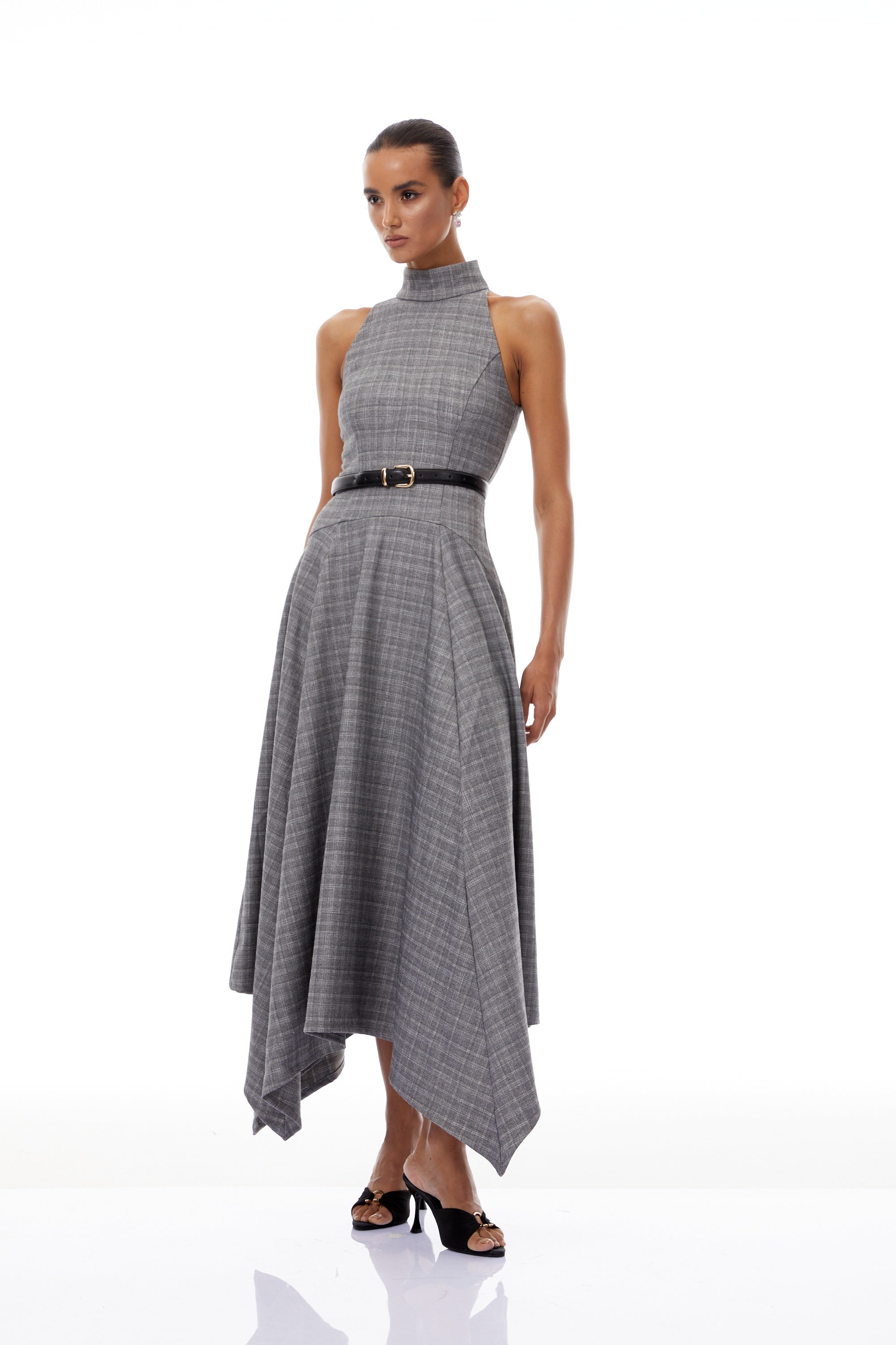 Wilhemine Grey Checked Tweed Midi Dress (Without Belt)