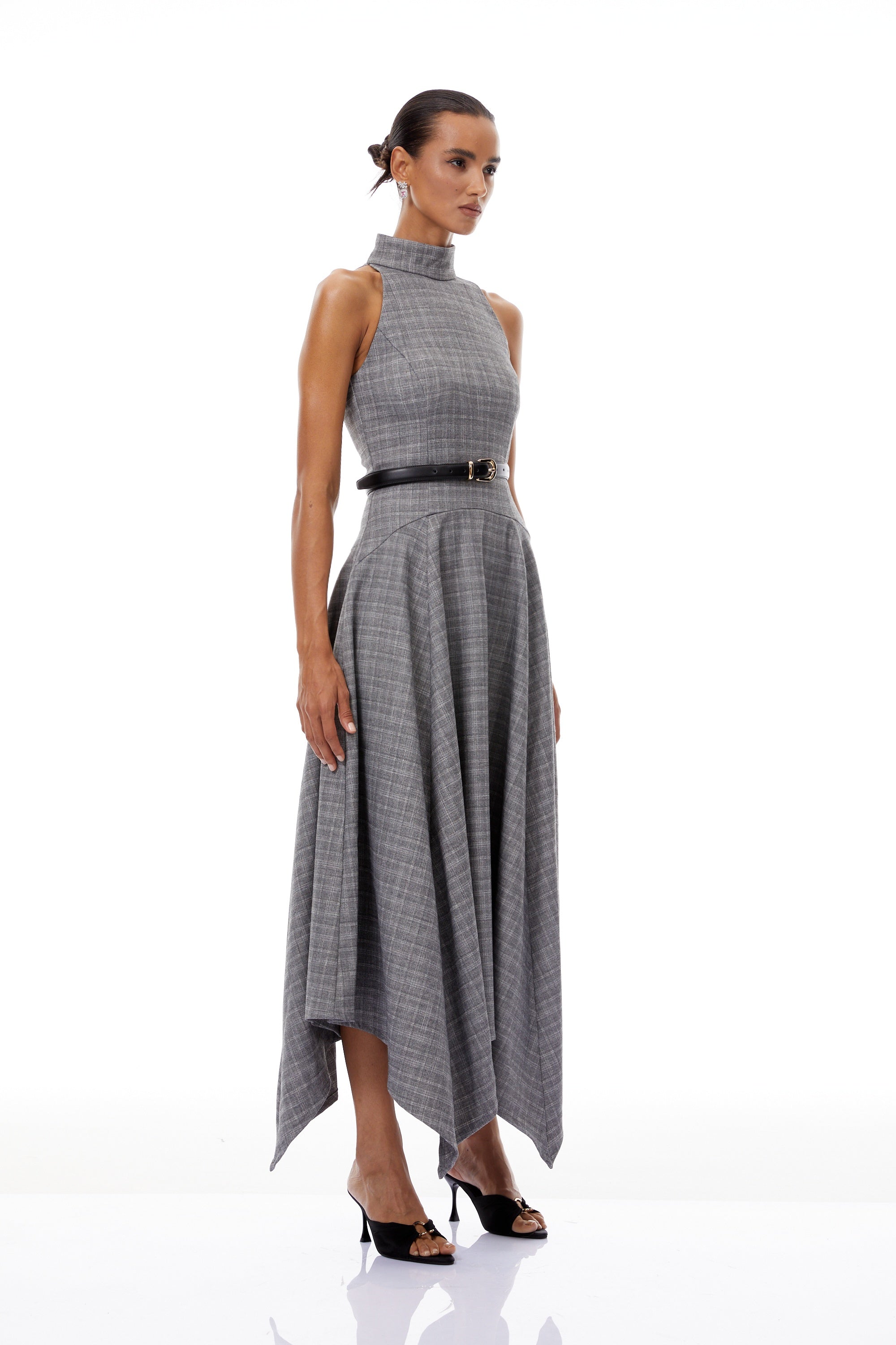 Wilhemine Grey Checked Tweed Midi Dress (Without Belt)