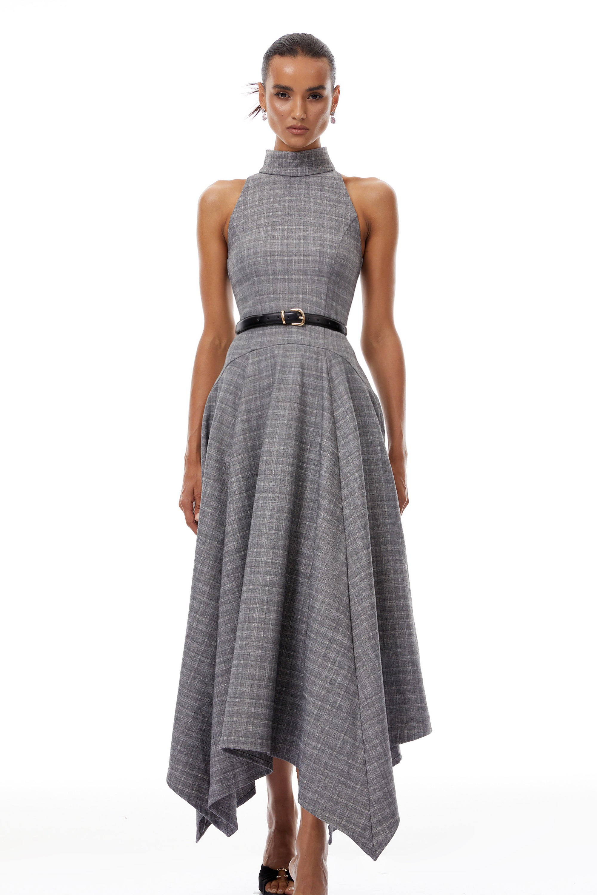 Wilhemine Grey Checked Tweed Midi Dress (Without Belt) (Final Sale)
