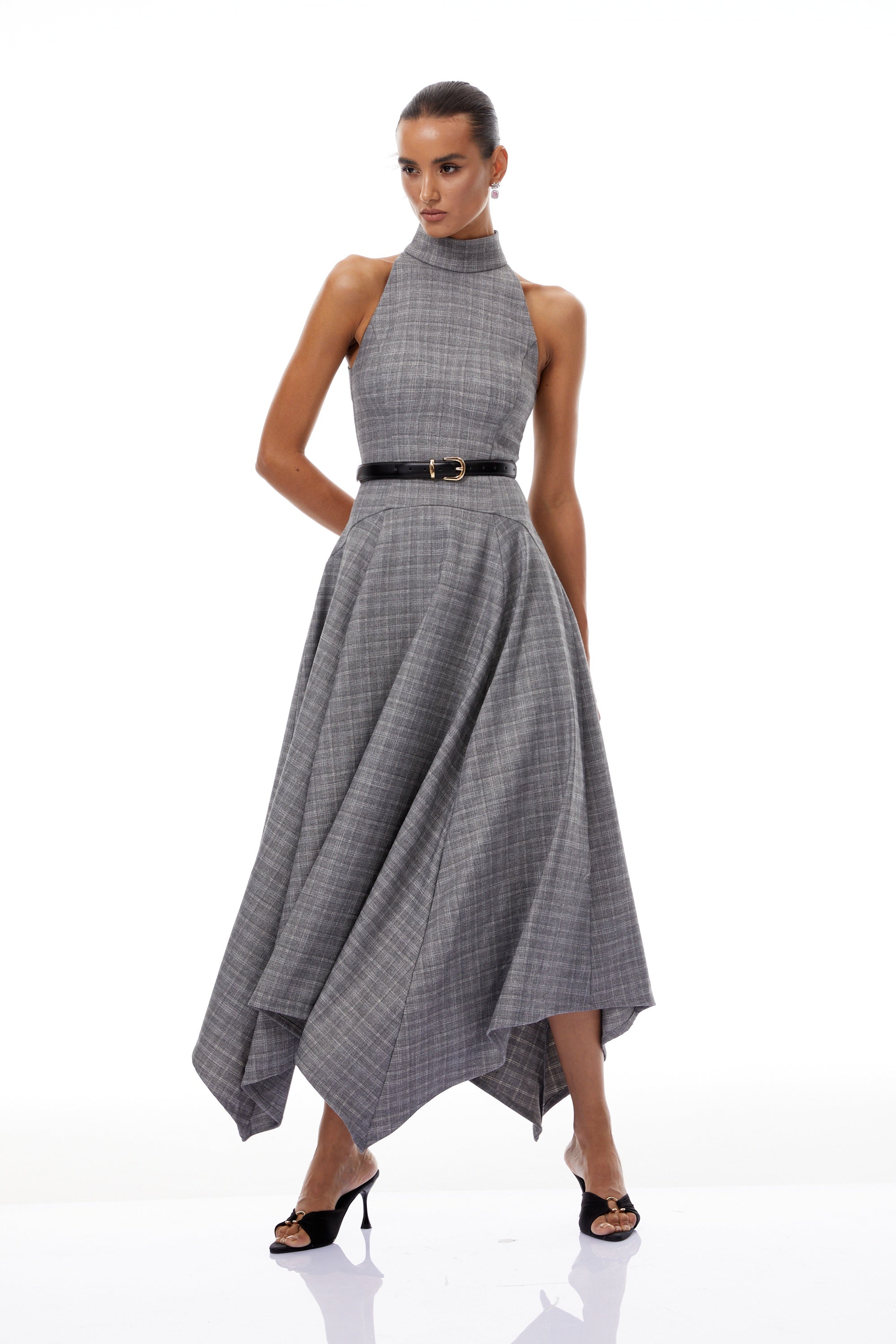 Wilhemine Grey Checked Tweed Maxi Dress (Without Belt)