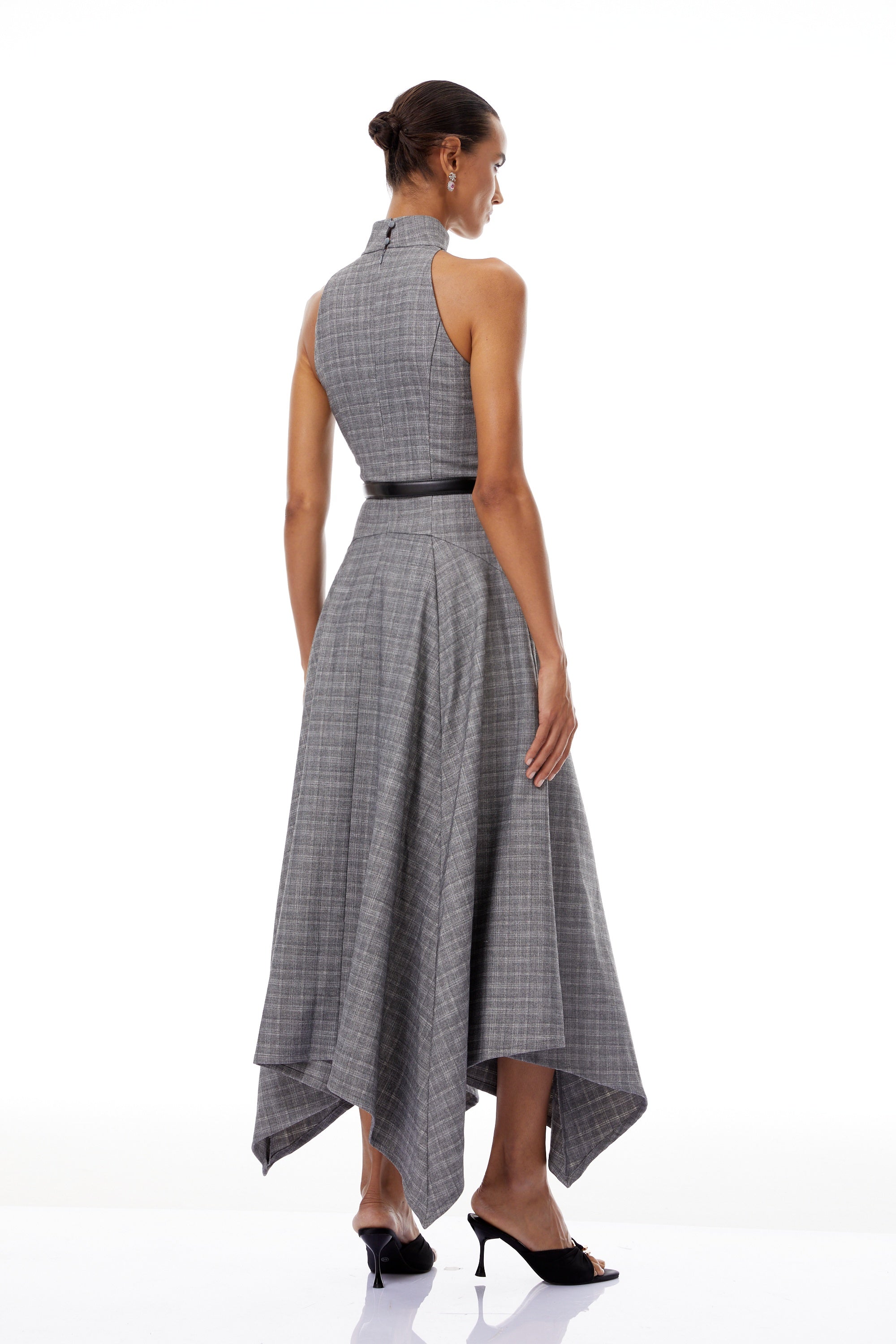 Wilhemine Grey Checked Tweed Midi Dress (Without Belt)