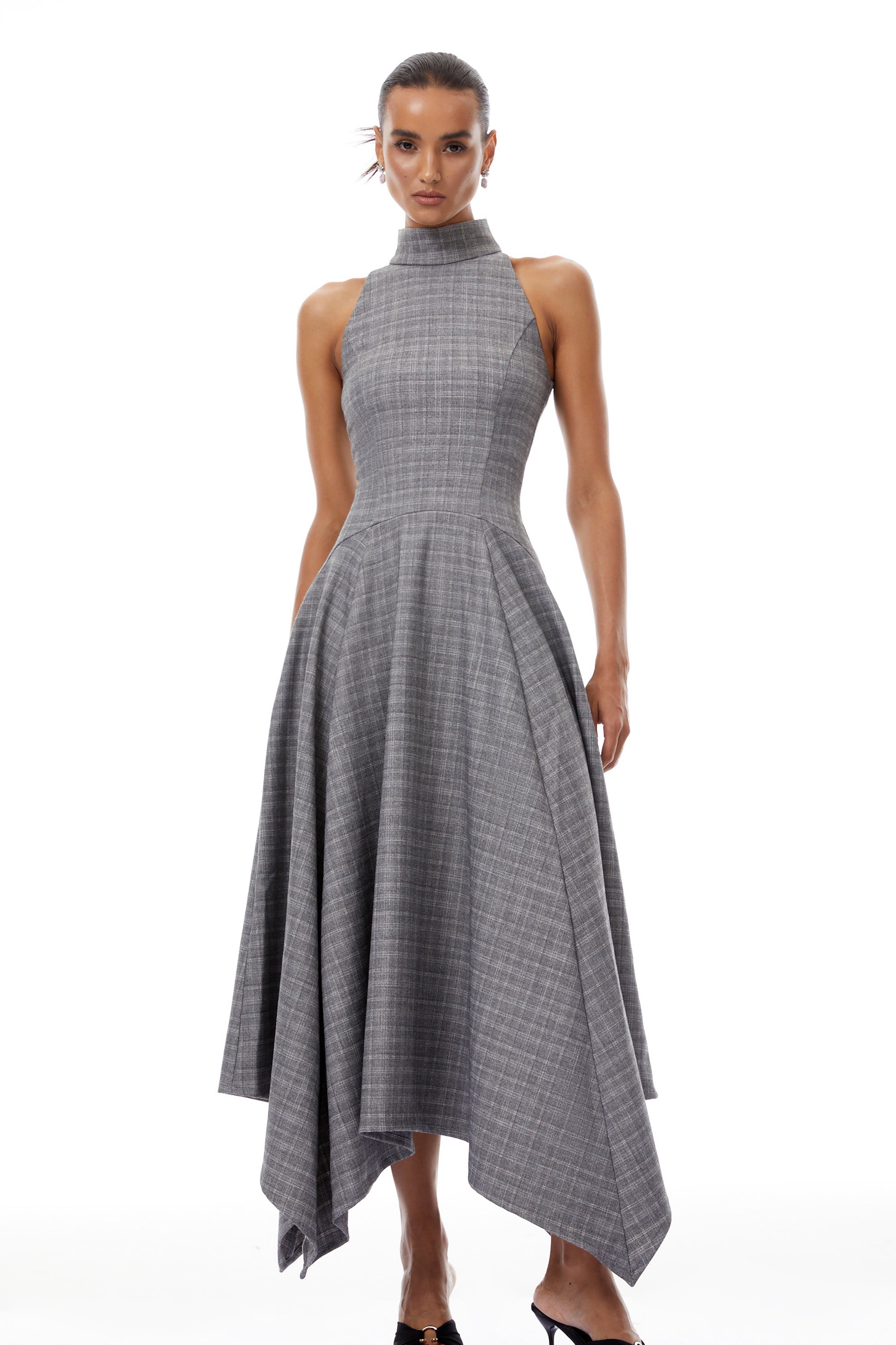 Wilhemine Grey Checked Tweed Midi Dress (Without Belt)