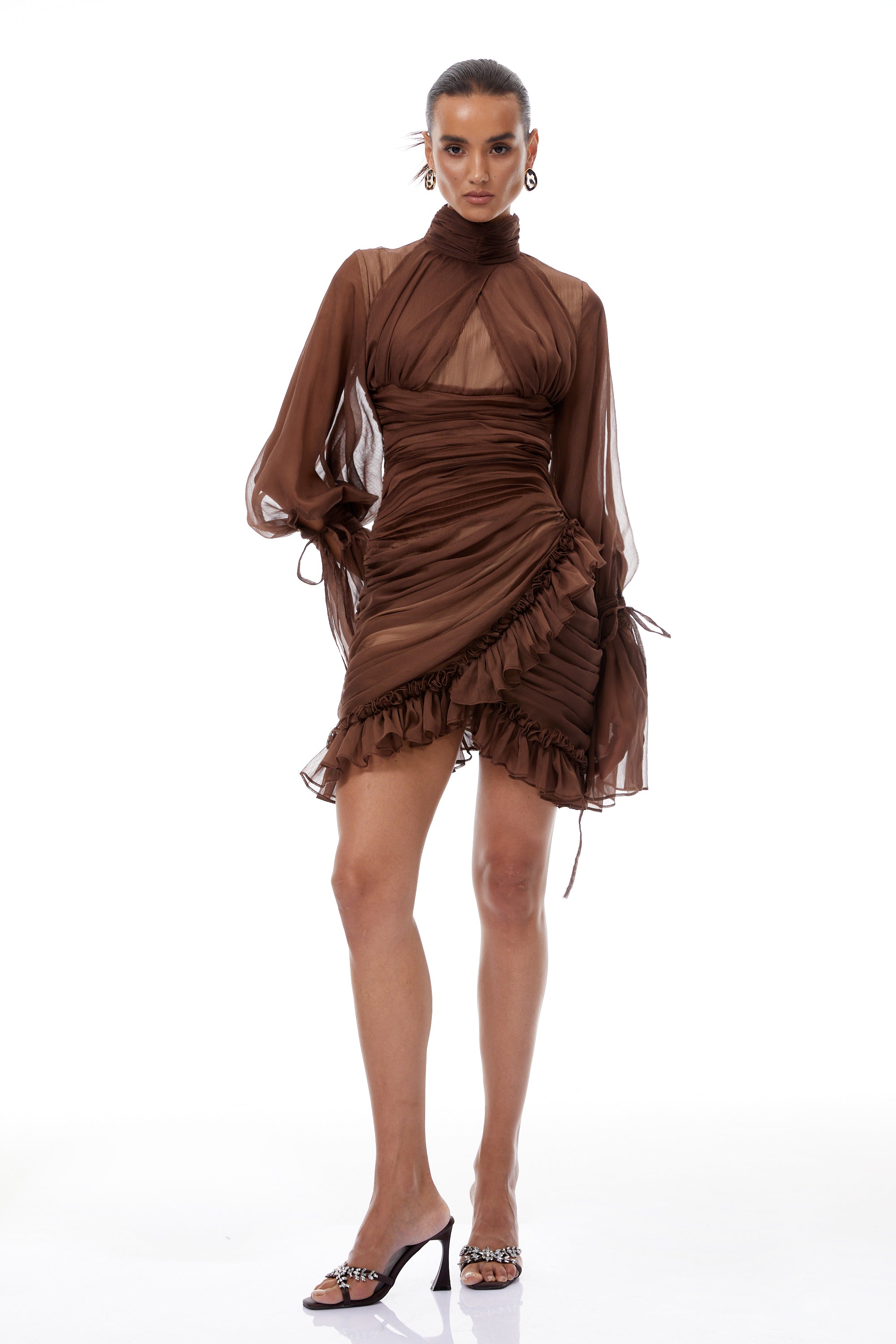 Jade Brown Ruched Tulle Mini Dress (Final Sale-US Only)