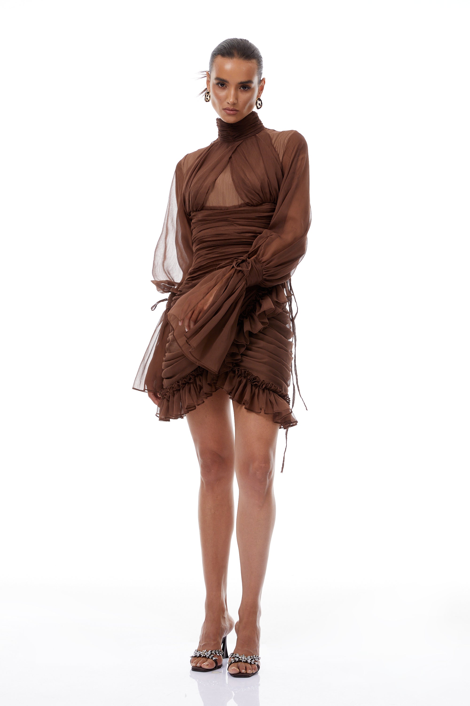 Jade Brown Ruched Tulle Mini Dress