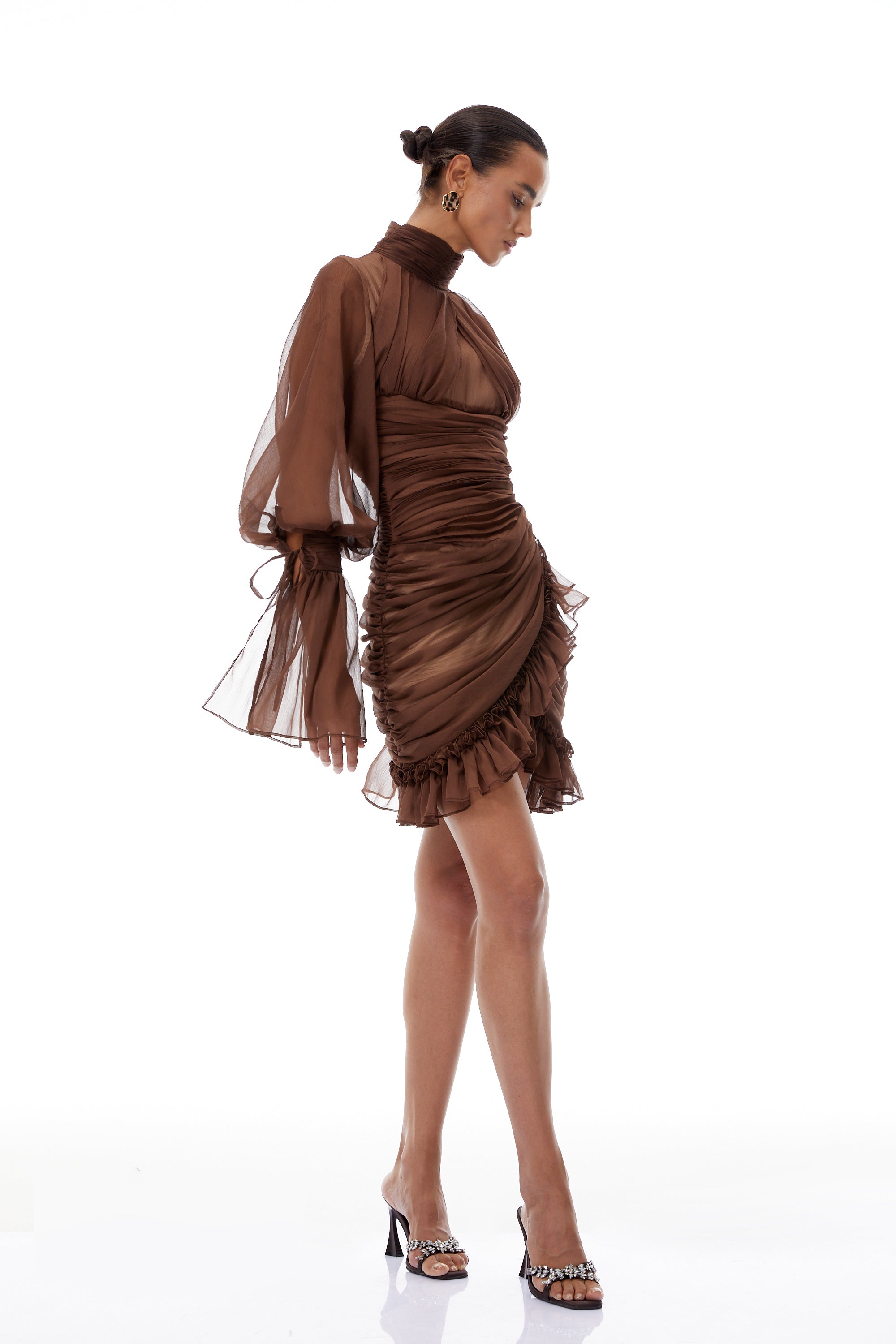 Jade Brown Ruched Tulle Mini Dress